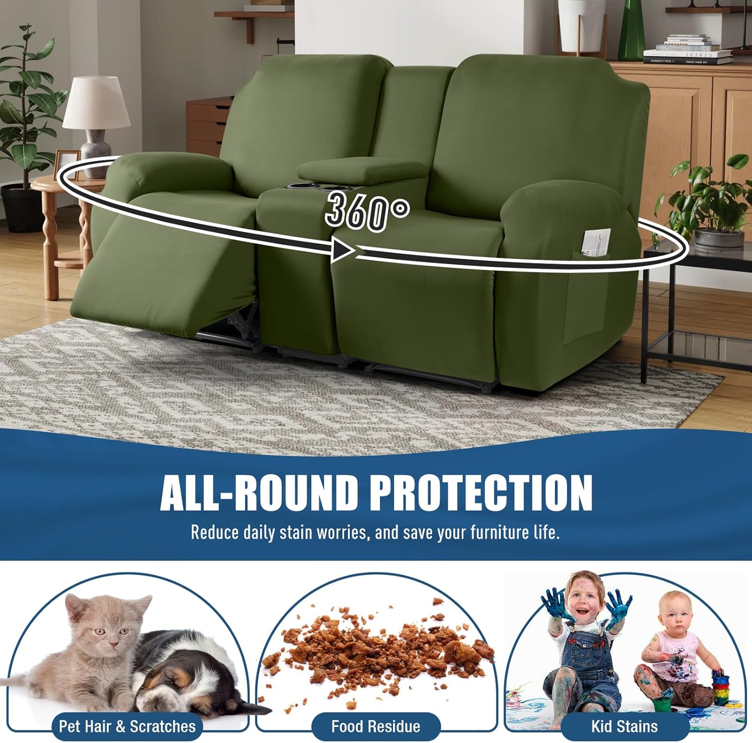 TAOCOCO Recliner Loveseat with Console Covers 4 Piece Stretch Recliner Sofa Covers Polyester Fabric Recliner Covers Soft Washable Furniture Protector (Olive Green, 2 Seater with Console Cover)