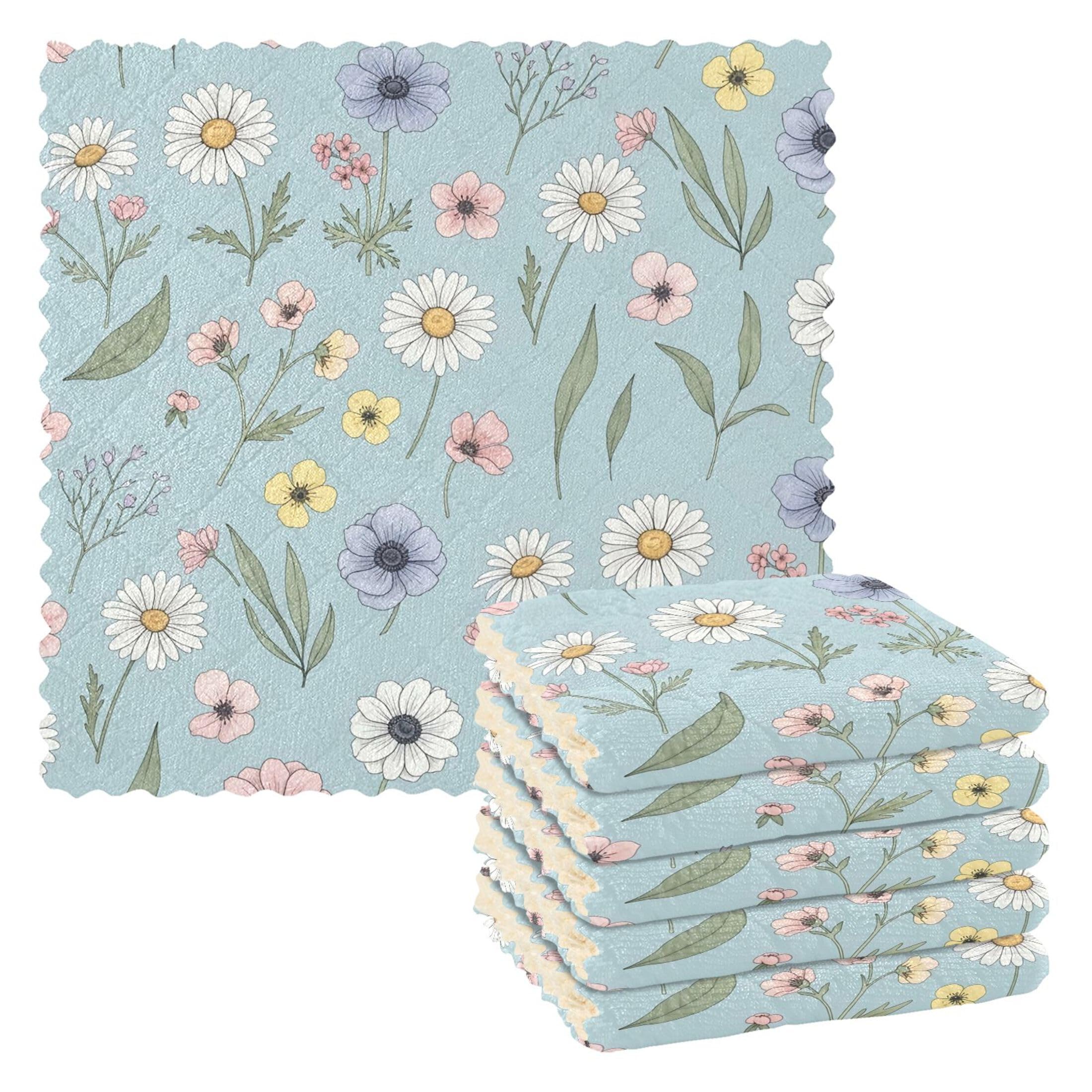 Fuauuyl Flowers Kitchen Dish Towel Set of 6, Soft Absorbent Washable Cleaning Cloths Dish Rags Tea Bar Drying Towels, 11x11 In