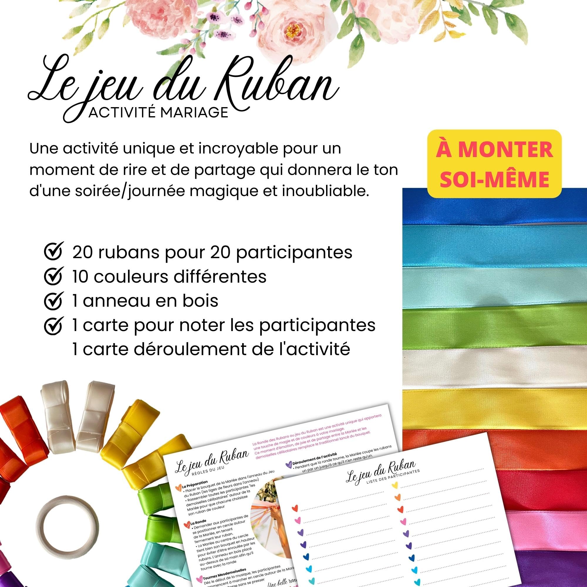 Ronde des rubans-Jeu du ruban mariage- A MONTER-Ruban satin-Cadeau mariée-Décoration fête-Bouquet de la mariée- 20 ruban-10 couleurs-Anneau Bois inclus-Idée cadeau EVJF
