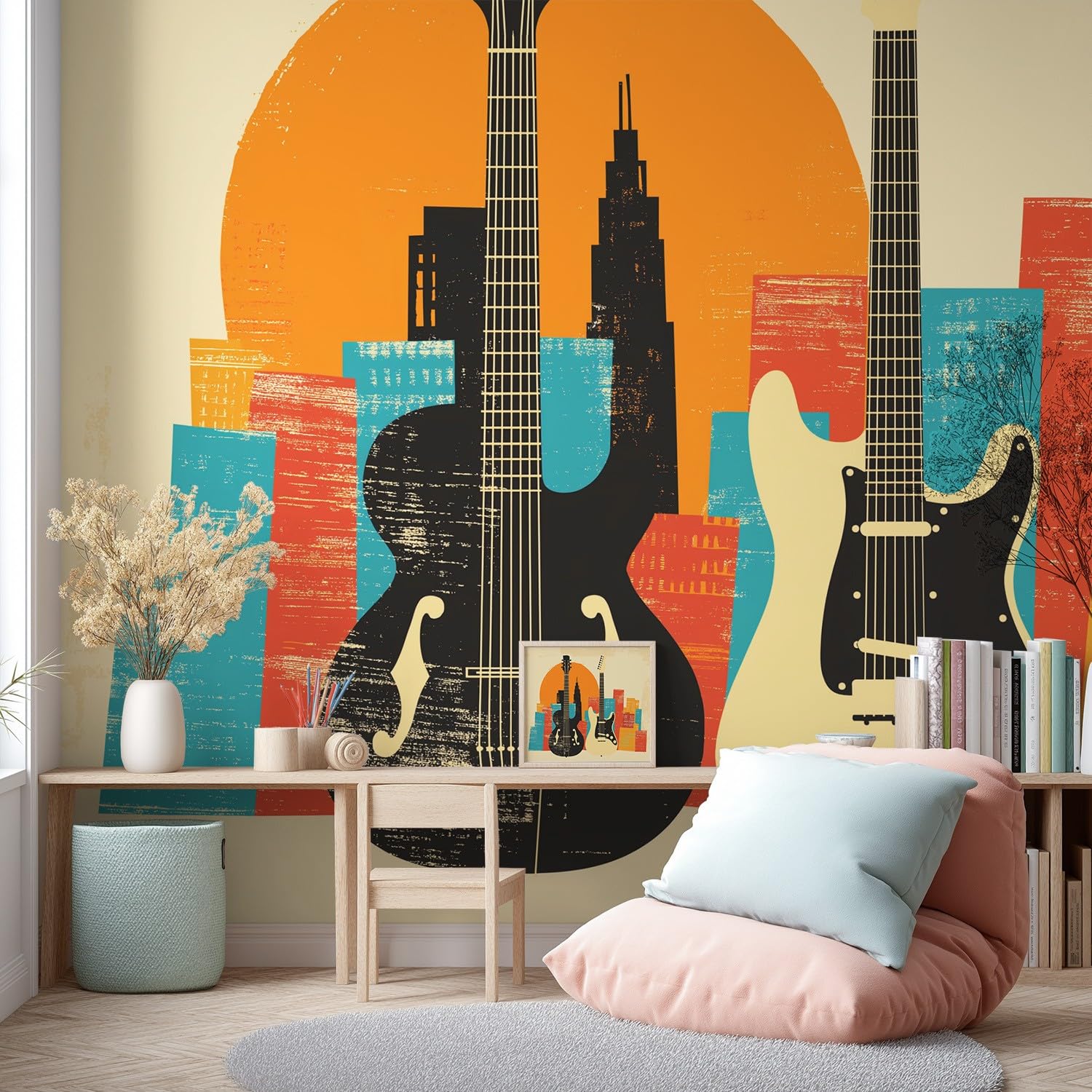 Tapeta geometryczna, vintage, ciepła - gitara, architektura, wzór miasta - tapeta na fizelinie dekoracja ścienna nowoczesna tapeta ścienna - tapeta z motywem - 300 x 210 cm