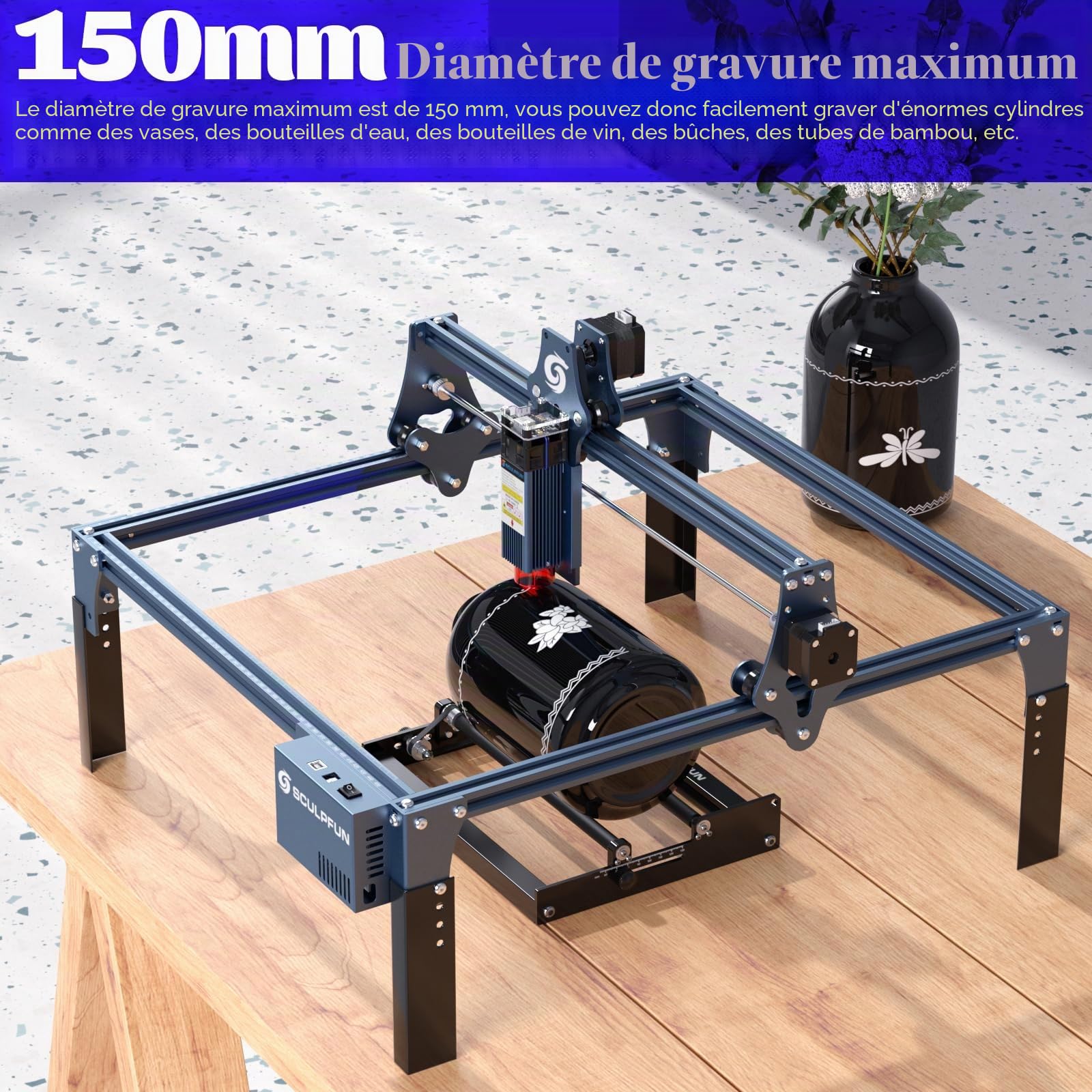 Rouleau rotatif laser SCULPFUN - Axe Y - Rotation à 360° pour la gravure laser d'objets cylindriques, boîtes (avec 4 pieds de surlignement)