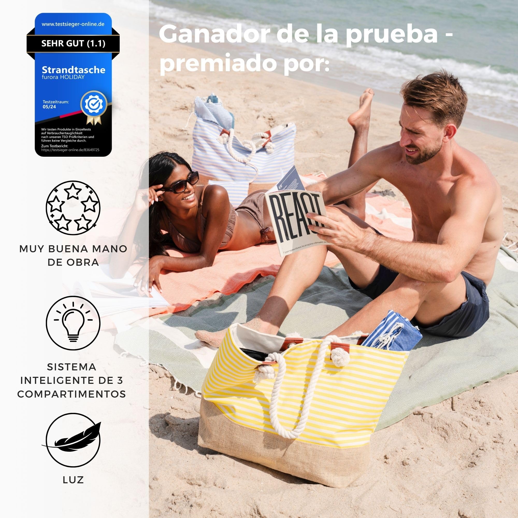 furora HOLIDAY Bolsa Playa Grande XL - Mujer, Hombre - con cremallera y 2 bolsillos interiores (para bañadores mojados y objetos de valor) asa cómoda, ligera, grande, impermeable