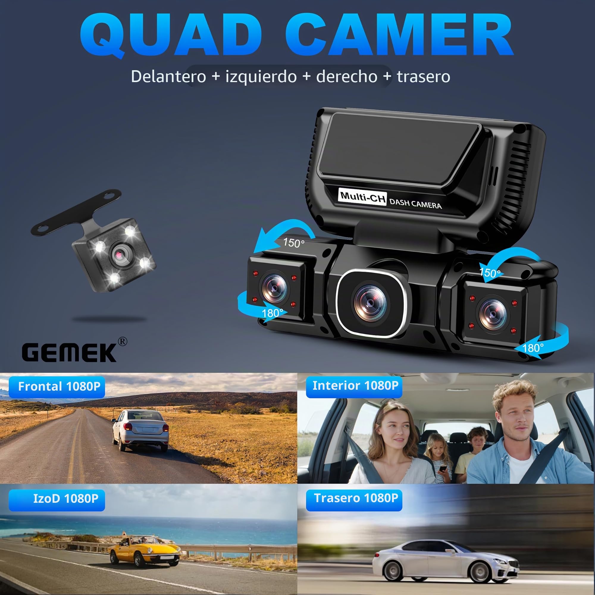 Cámara para salpicadero de 360 Grados y 4 Canales, con WiFi 5G y Control Mediante aplicación, GEMEK 2K: Vista Delantera, Trasera e Interior, Izquierda y Derecha; Tarjeta TF de 64 GB incluida