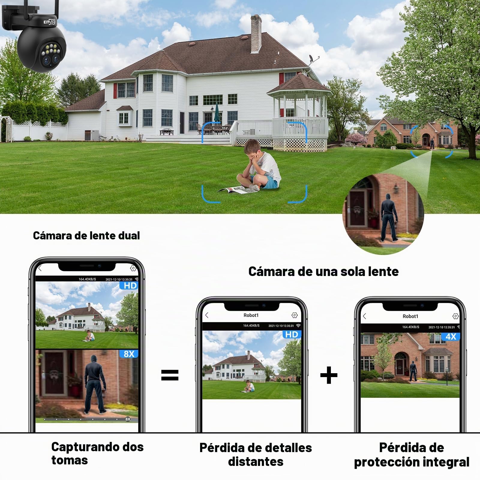 ENSTER Cámara de Vigilancia Exterior 4MP, 8X Zoom Híbrido WiFi Camera PTZ con Lente Dual, Visión Nocturna a Color, Audio Bidireccional, IP66