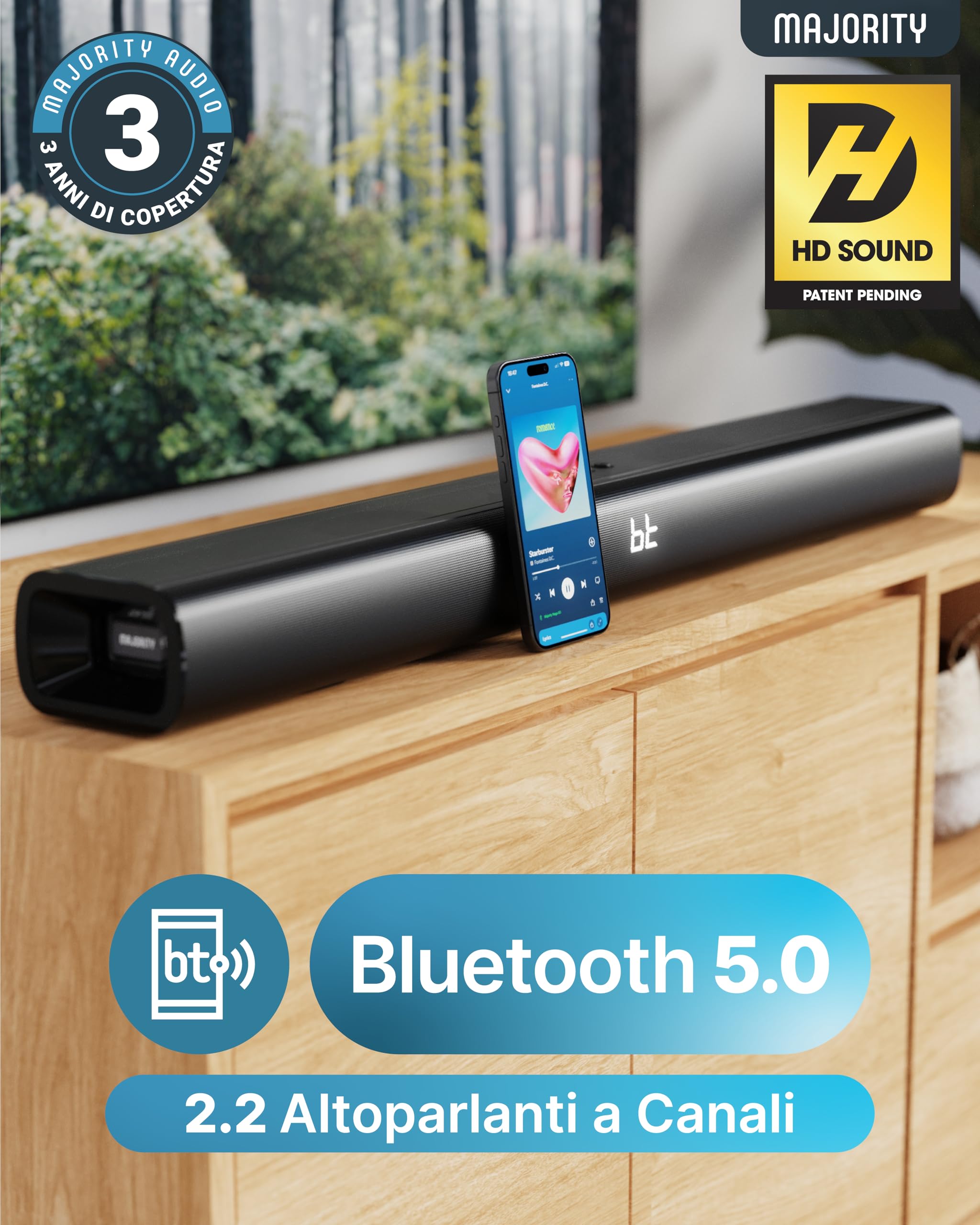 Majority Naga 80 Soundbar Bluetooth per TV | Barra Audio 2.2 Canali 140W con Subwoofer Integrato | HDMI ARC, Ottico, AUX, USB | Soundbar per Smart TV con Suono Surround 3D
