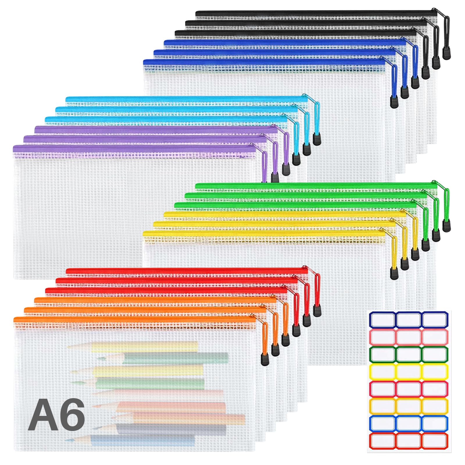 WenYa A6 Plastic Zip Wallets, 24Pcs Mesh File Folder Zipper Bags