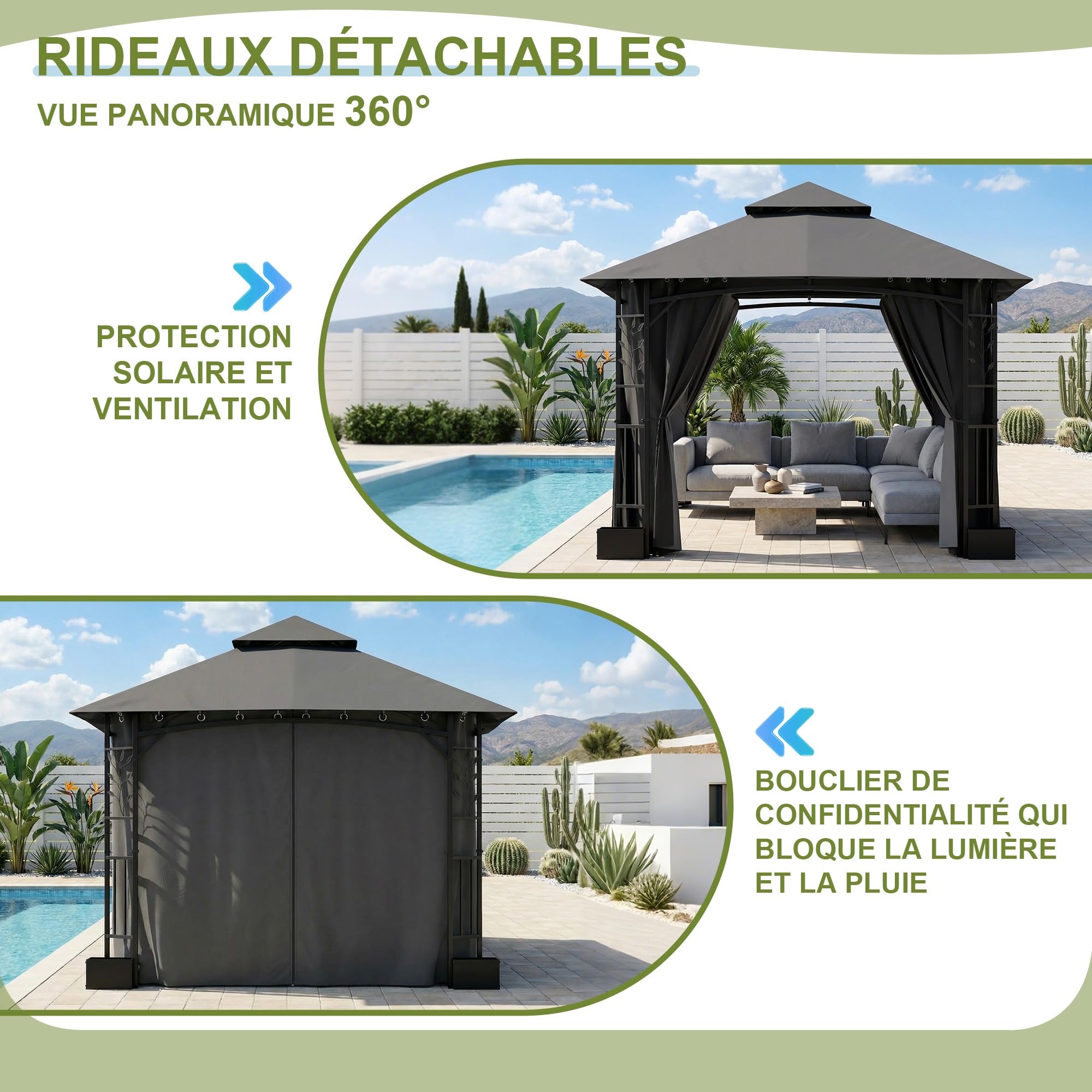 Devoko Tonnelle de Jardin Exterieur 3.3 x 3.3 m avec 4 Pots de Fleurs - Pavillon de Jardin Double Toit Aéré, Cadre Feuillage, Rideaux Détachables, Protection UV & Imperméable Idéale Pour Exterieur