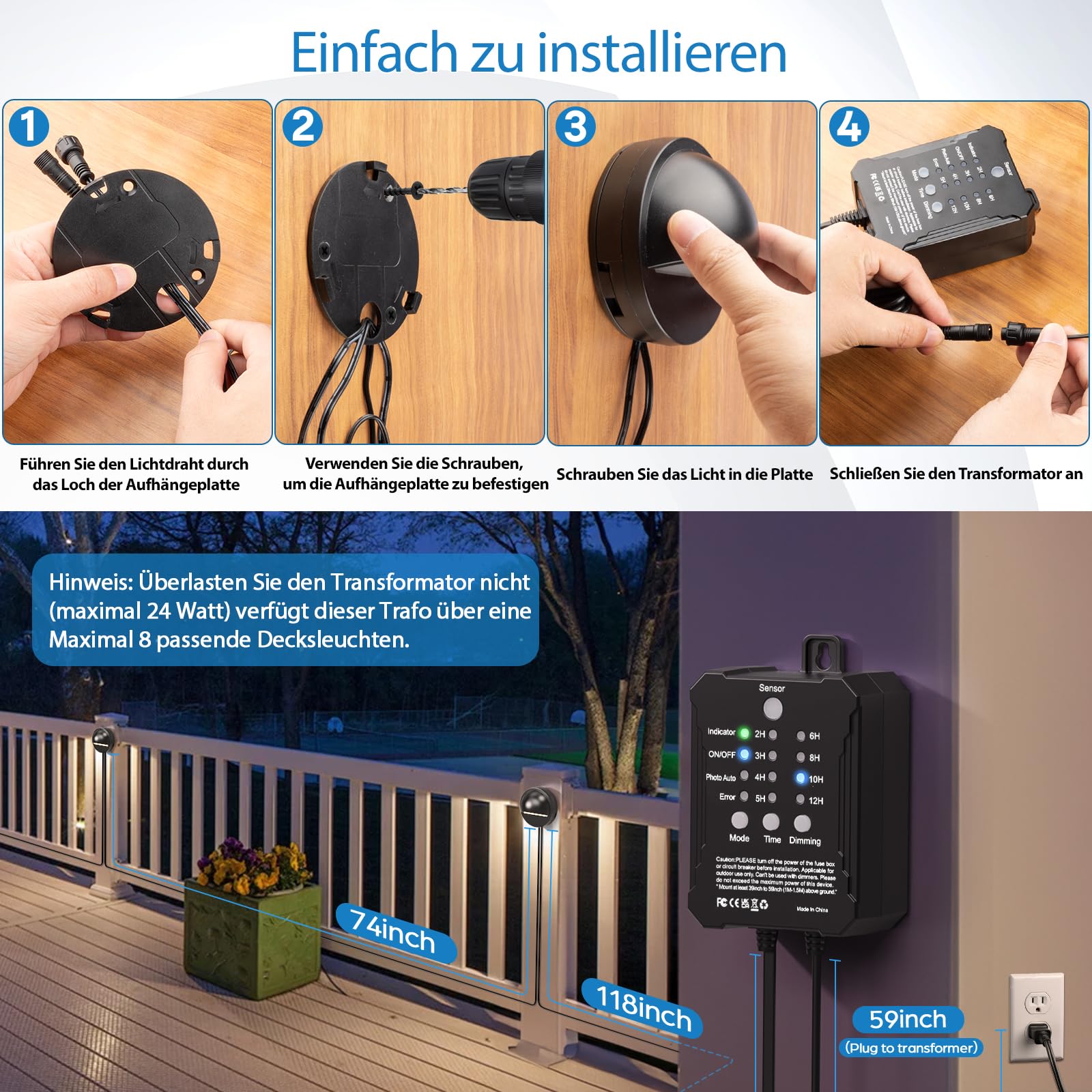 HIBOITEC 6 Stück Dimmbare Zaunbeleuchtung mit Strom, Fotozellensensor ＆ Timer Gartenbeleuchtung mit Transformator, IP67 Wasserdichte Zaunleuchten für Außen Terrasse Treppenbeleuchtung (Warmweißes)