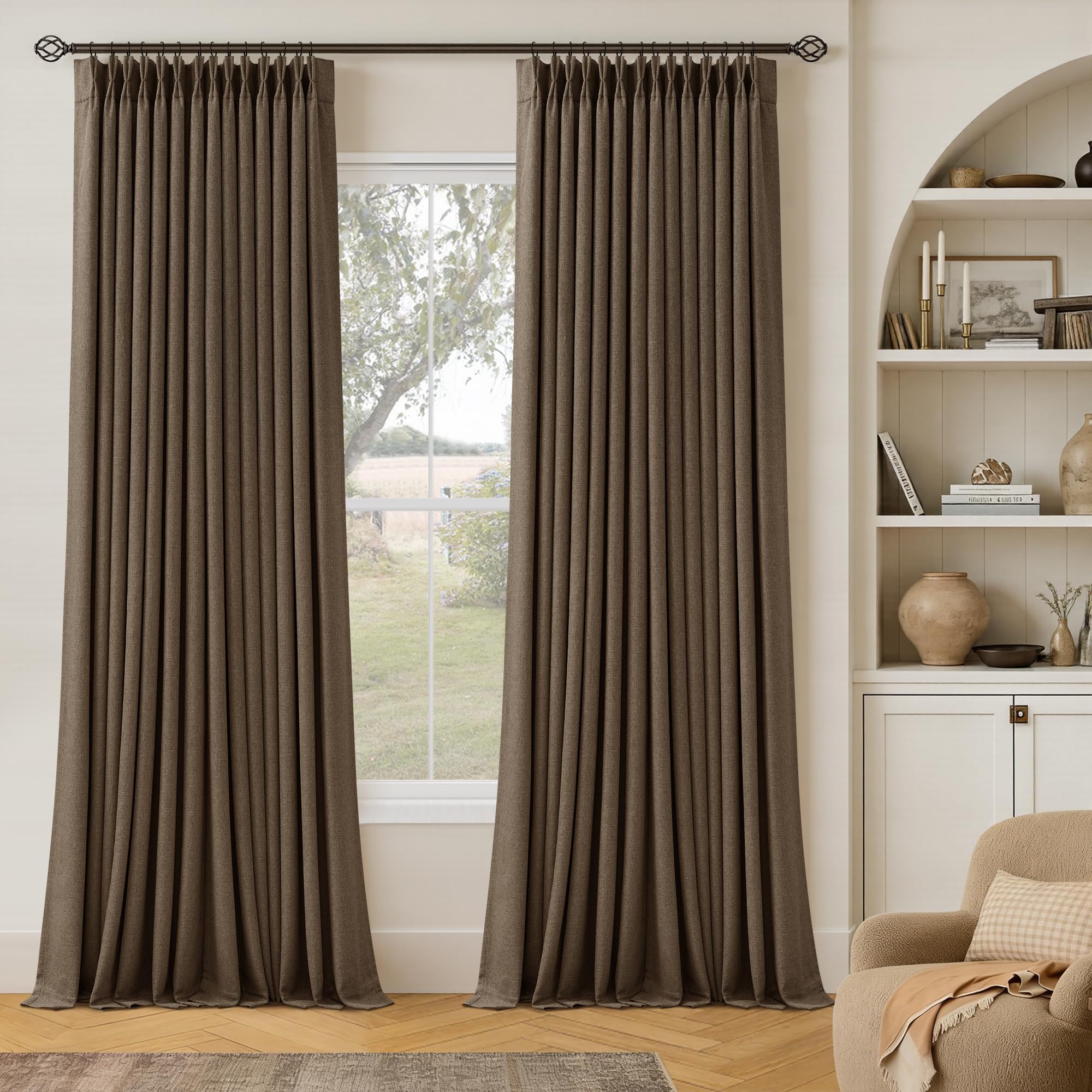 Dutch Cocoa 105 Inch Long Thick Linen Pinch Pleated 100% Blackout Curtains