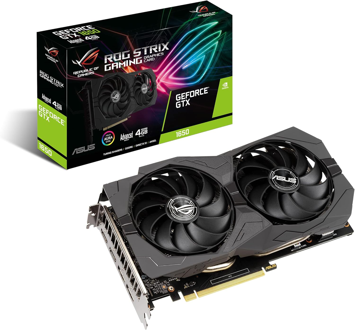 ASUS ROG Strix GeForce GTX 1650 Advanced Edition Scheda Grafica, 4 GB GDDR6, PCIe 3.0, HDMI, DisplayPort, Ventola Con Doppi Cuscinetti a Sfera e Design Axial-Tech, Direct CU II, Auto-Extreme, Nero