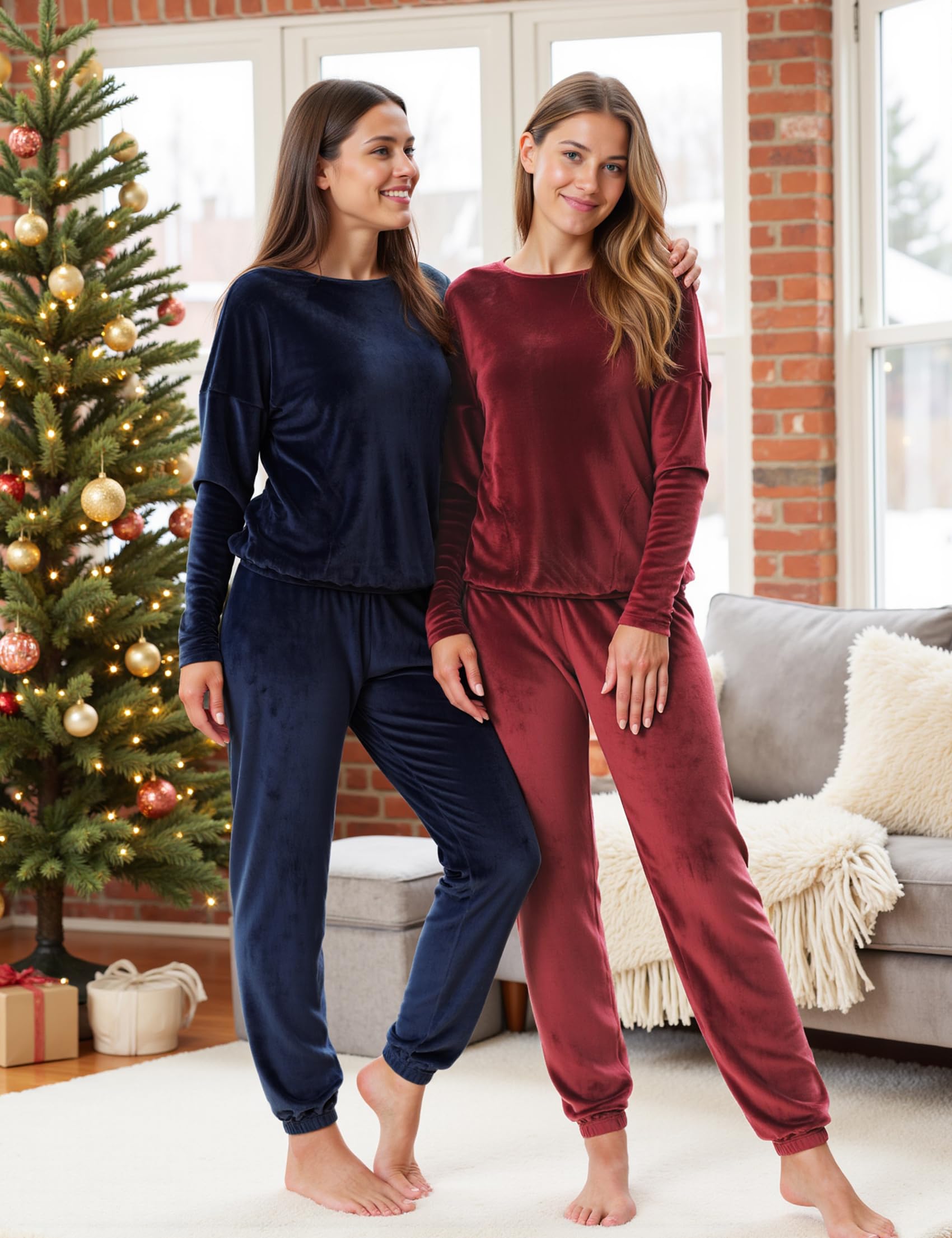 Pijama Terciopelo Mujer Invierno Manga Larga Conjunto Chándal Cuello Redondo Cálido Suave Cómodo Ropa de Dormir para Casa