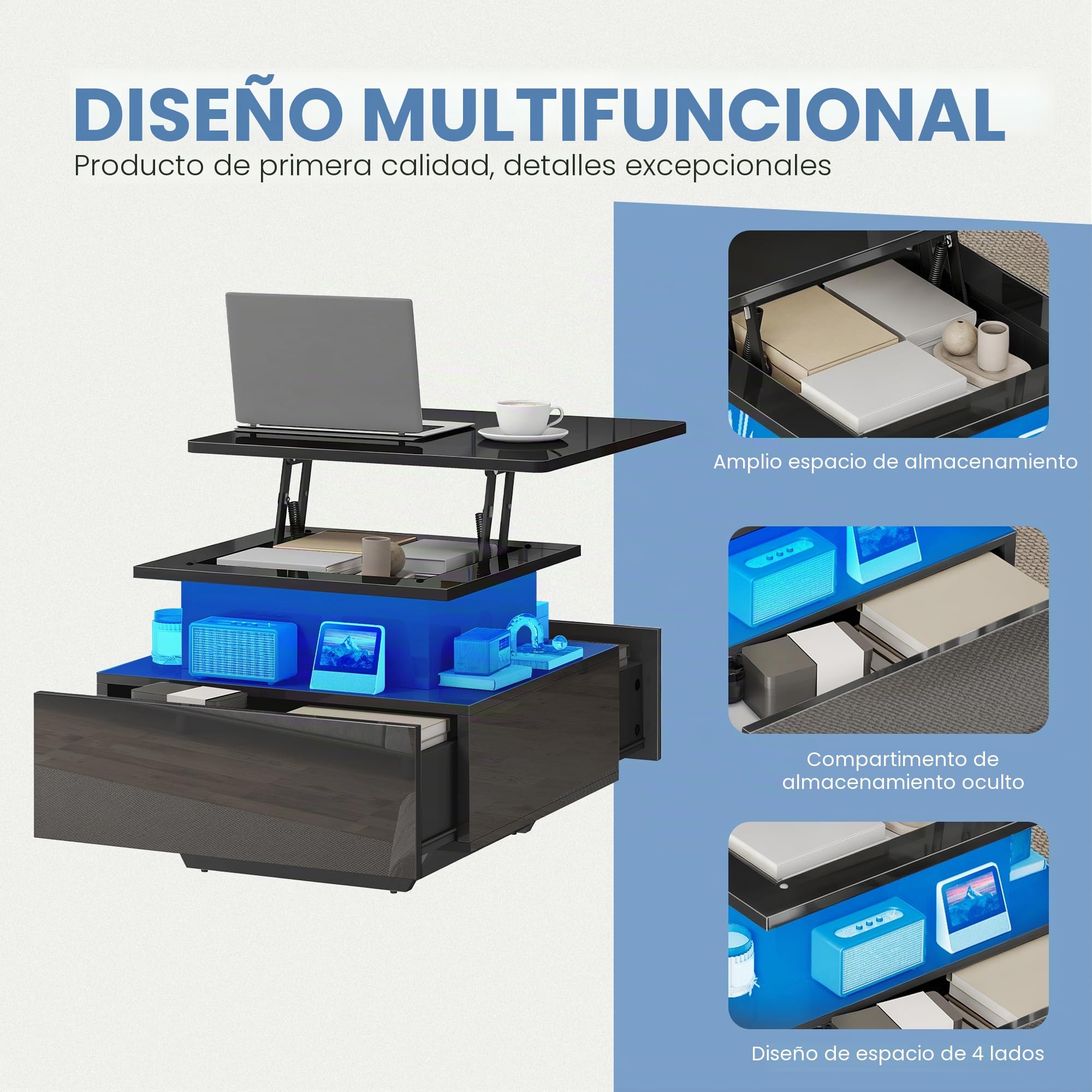 DWVO Mesa de Centro con LED, Altura Regulable, Lacado Negro Moderno, con Almacenaje y Cajones para Salón, 60x60x45-58 cm