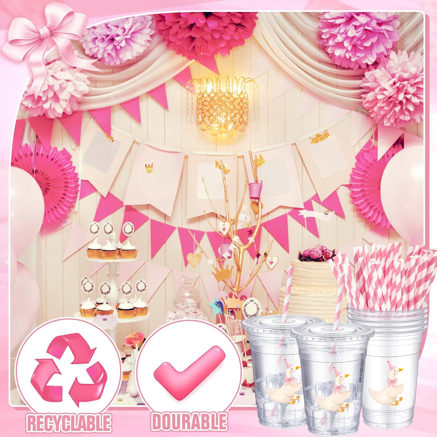 100 Pcs One Silly Goose Birthday Party Disposable Plastic Cups with Lids Straws 16 oz Cute Goose Decorations for Birthday Baby Showers Decorations Party Supplies (Pink)