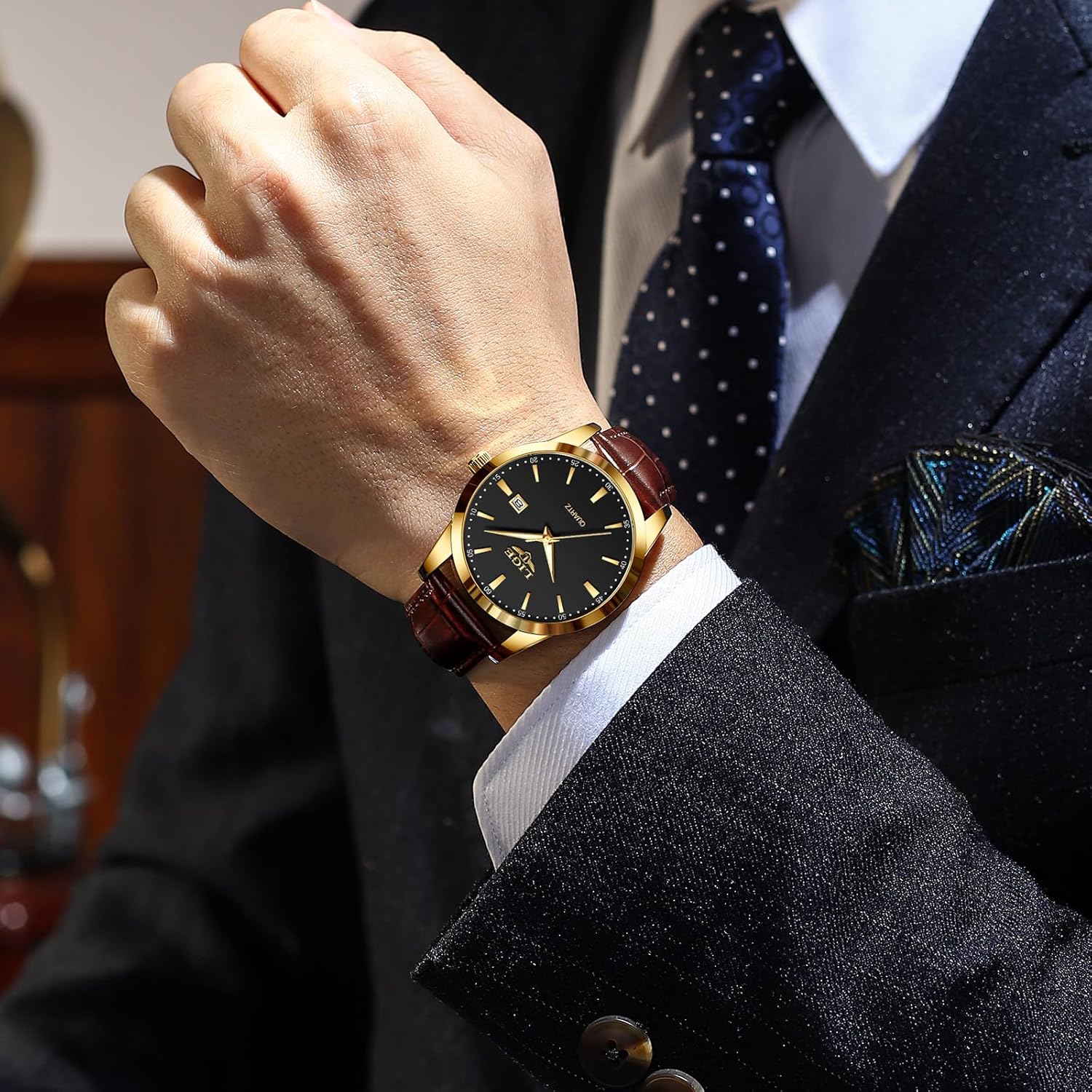 LIGE Watches for Men Waterproof Analog Dress Vintage Chronograph Analog Casual Black Leather Stainless Steel Unique Quartz Movement Retro Luminous Elegant Men's Wrist Watch Date Display - Image 2