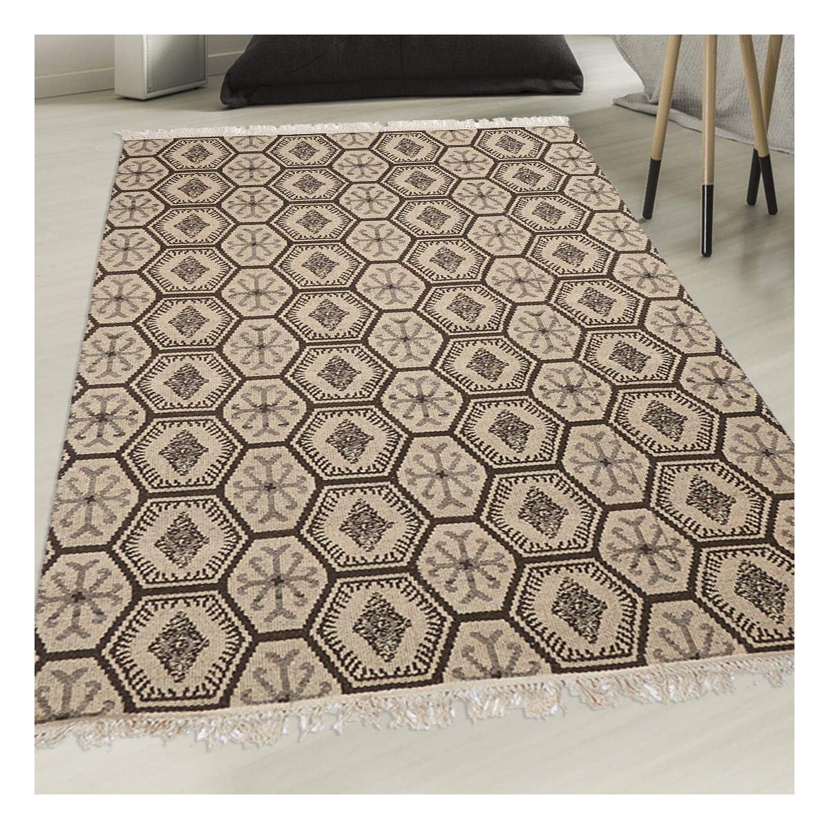 Tapis Kilim 200x290 MALSA Reversible Gris Fait Main en Laine Certification Care and Fair idéal pour Salle à Manger