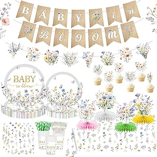 Wildflower Baby in Bloom Baby Shower Party Decorations for Girls Women, Banner Centerpieces Cupcake Toppers Tablecloth, Spring Floral Paper Plates Napkins Cups Forks Straws Serve 20