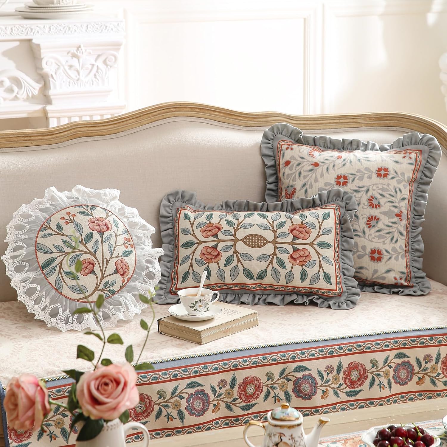 Orange Throw Pillow Covers Set of 4,Cottage Rustic with Blooming Floral Pattern Linen Pillowcases,Decorative Round Square Lumbar Pillows Cushion Covers for Couch Sofa Bed Chair Car