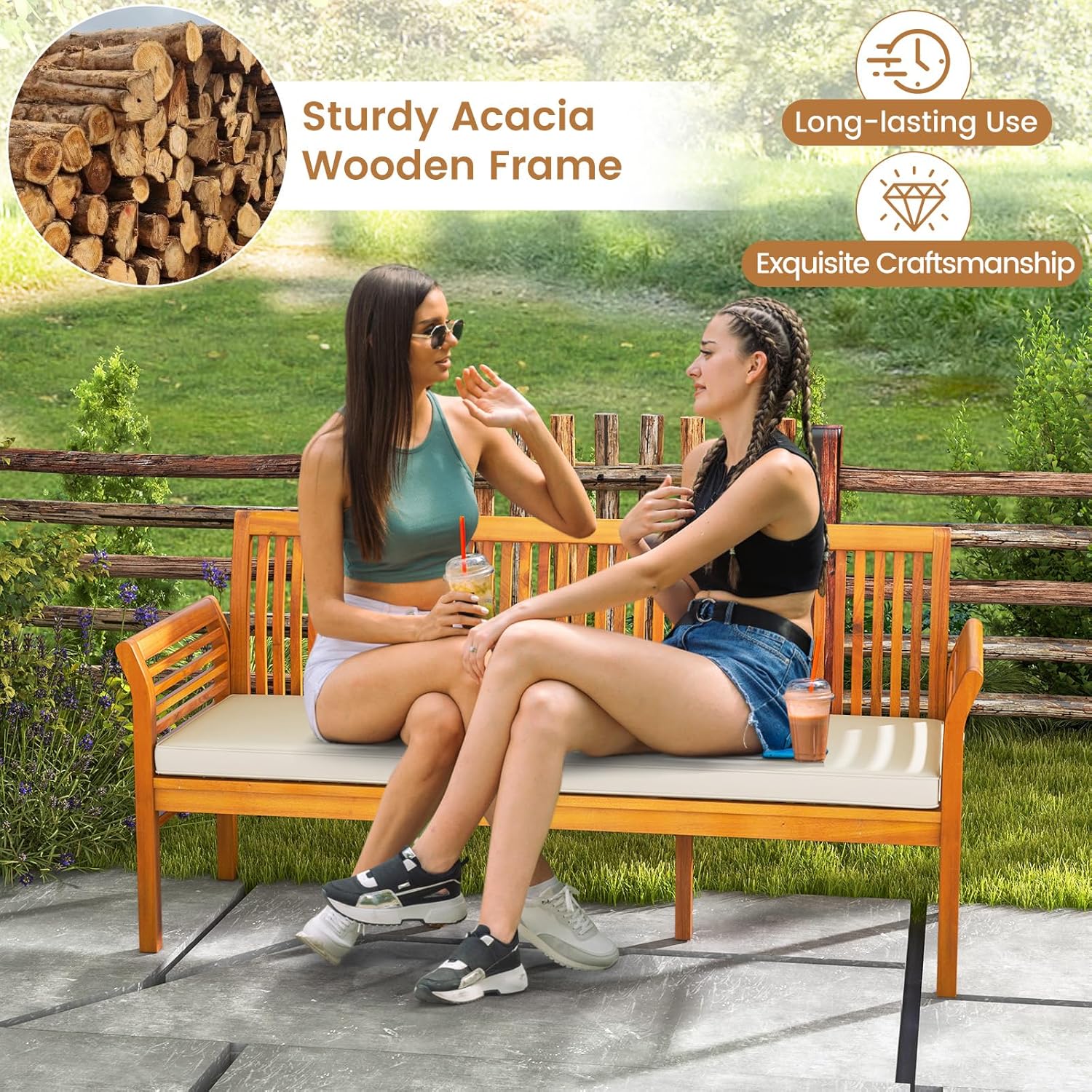 COSTWAY Wooden Outdoor Bench with White Cushion, Garden Bench with Curved Armrest & Slatted Back for Patio, Park & Porch, 23”x 62.5”x30.5”
