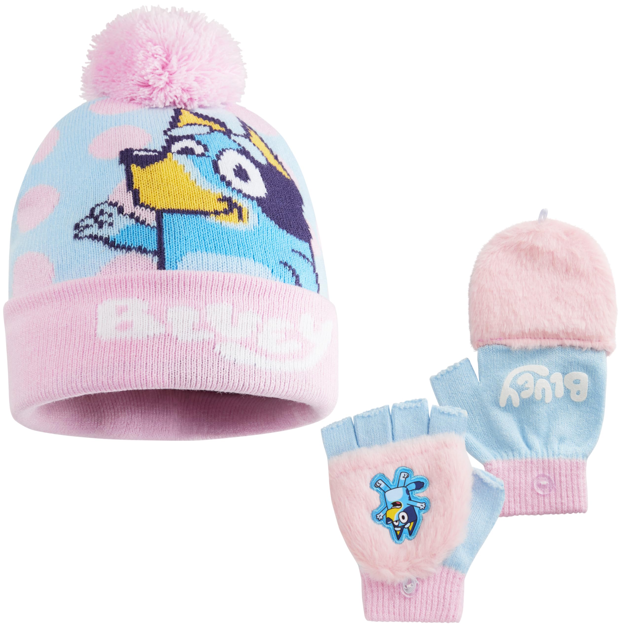 Bluey Winter Hat & Gloves Set for Girls 3-6 Years, 2 or 3 Pcs Warm Cosy Soft Knit Beanie, Gloves & Scarf, Cute Gifts for Kids (Pink 2 Pcs)