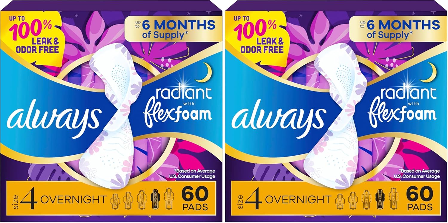 Always Radiant Feminine Pads for Women, Flexfoam Pads with Wings, Size 4, Overnight Absorbency, Lightly Scented, 60 Count (Pack of 2)
