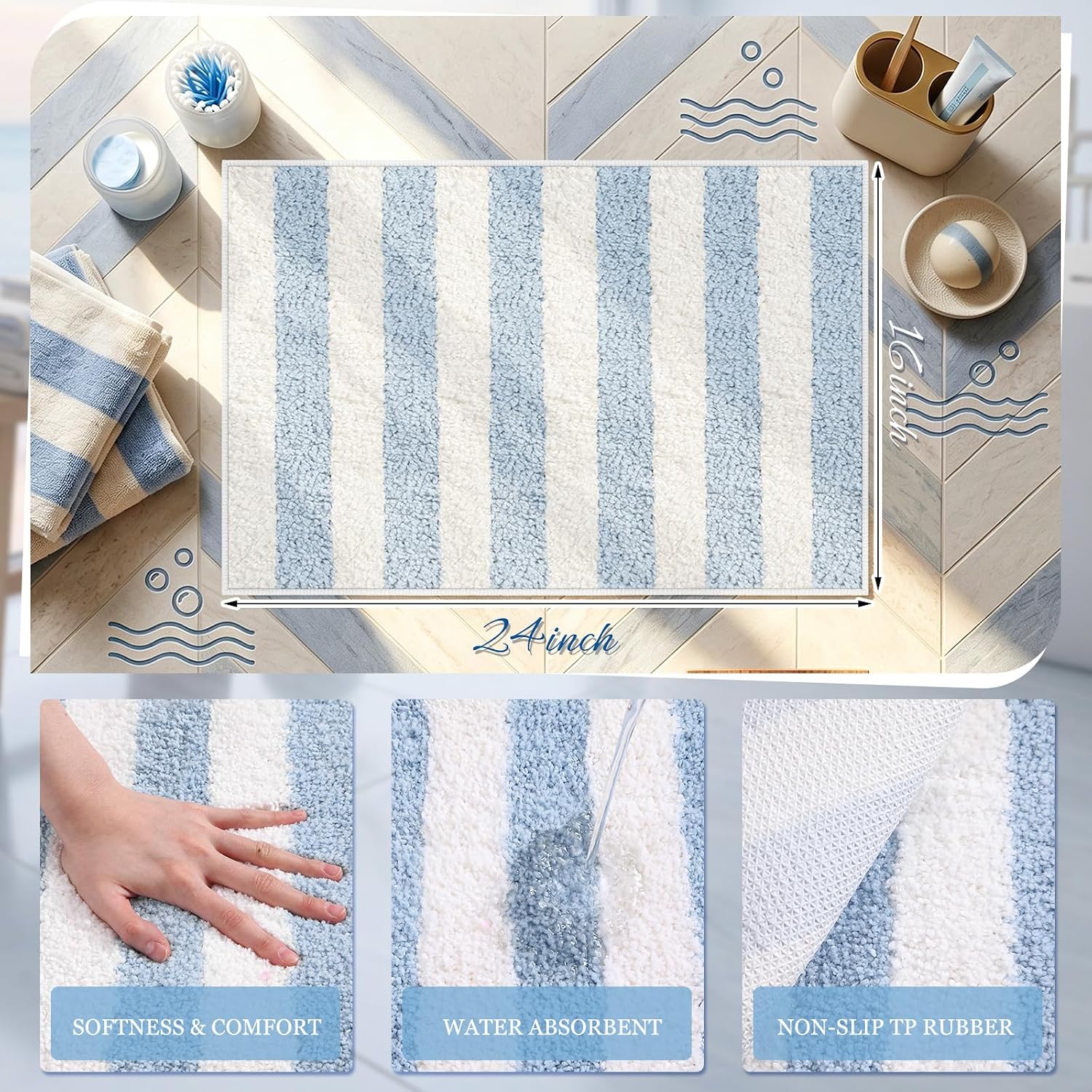 Breling Blue and White Striped Bathroom Rug, 24"x16" Absorbent Bath Mat