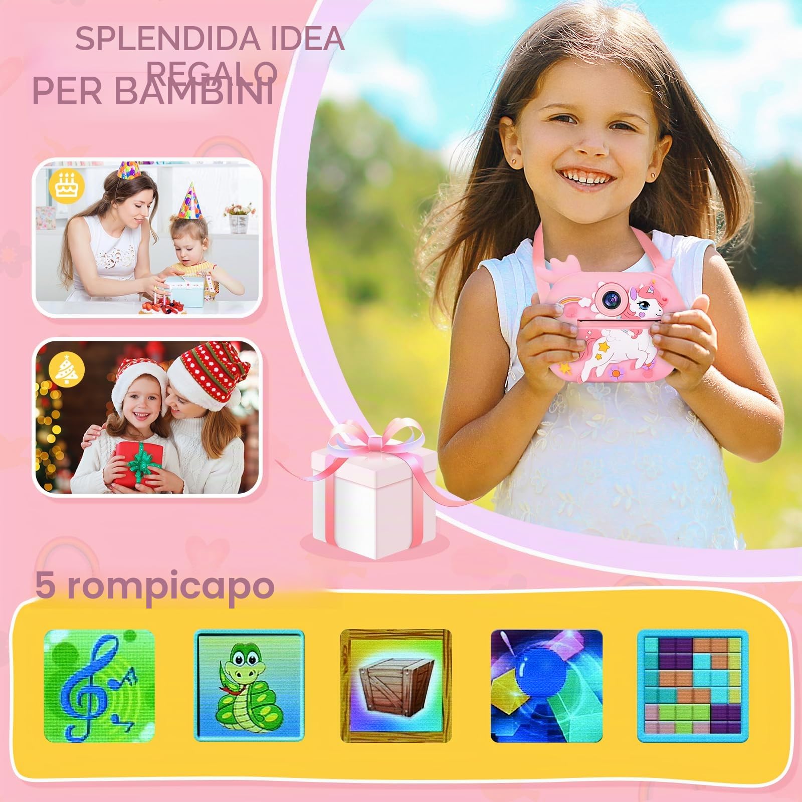Macchina Fotografica Bambini Istantanea, Ambesty 2,4 Pollici 1080P Fotocamera Bambini Selfie, Fotocamera Digitale con 32GB Scheda e Carta Fotografica, Regali di Natale da 3-12 Anni (Rosa)