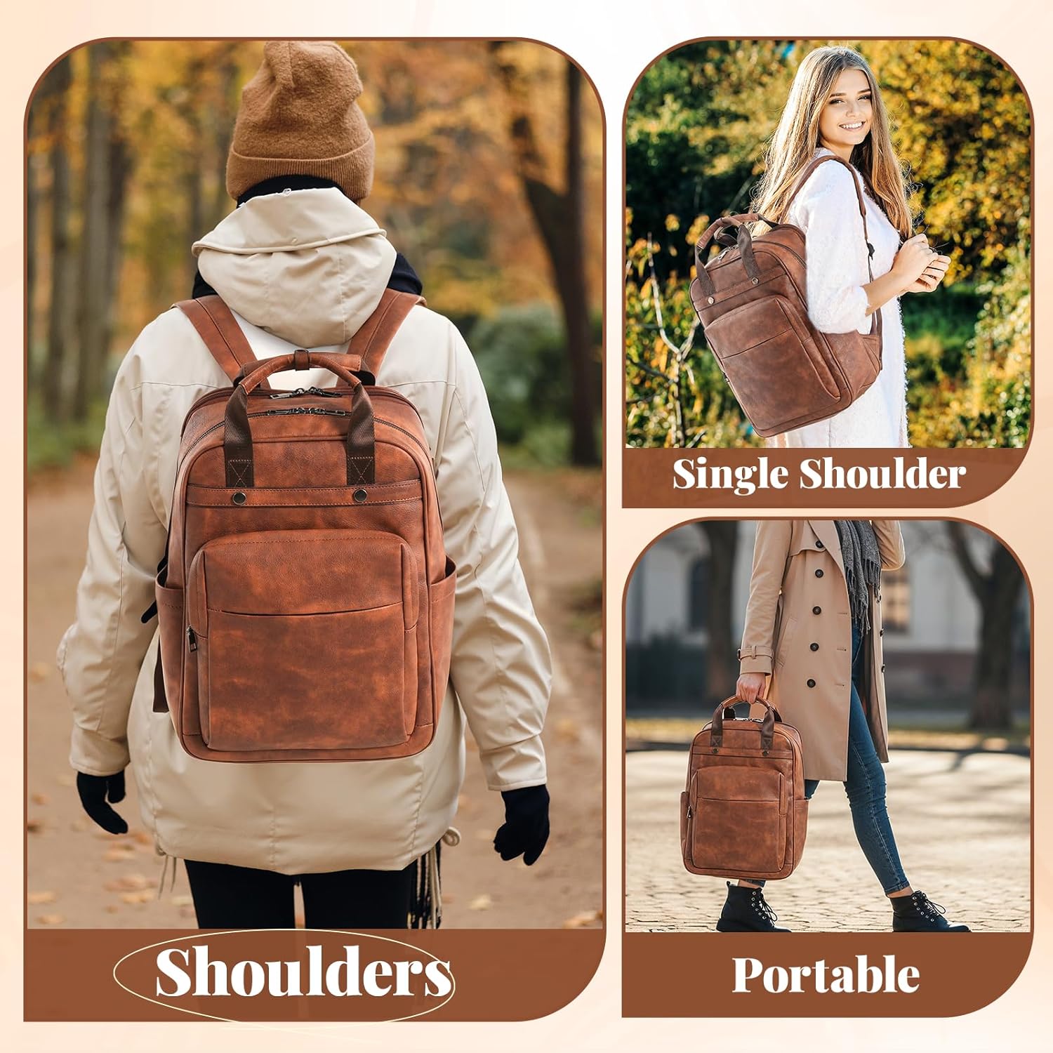 PU Leather Laptop Backpack Women for Travel | 17 Inch Laptop Bag for Women - Large Capacity Teacher Nurse Computer Bag for Work College School (Brown) - Image 2