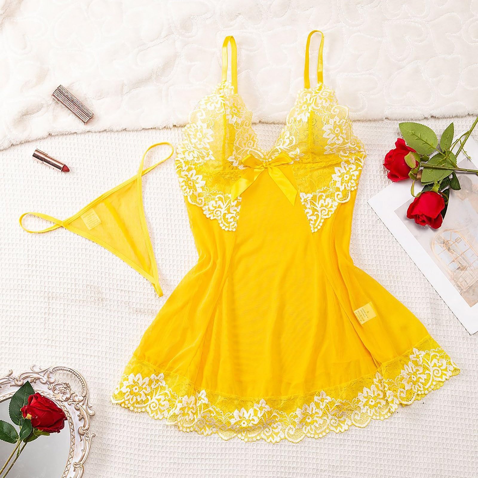 Generisch Chemise de nuit pour femme - Courte - Sans manches - Sexy - En dentelle - Col en V profond - Robe de nuit douce - Nuisette sexy - Satin