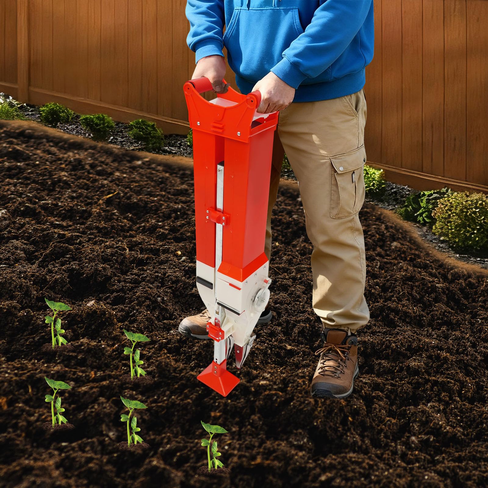 Sega a mano e spargiconcime in piedi – Sega manuale 2 in 1 | per mais, soia, arachidi, 2,4 l, contenitore per semi e fertilizzanti, 5 forme intercambiabili, per orto, serra, orto
