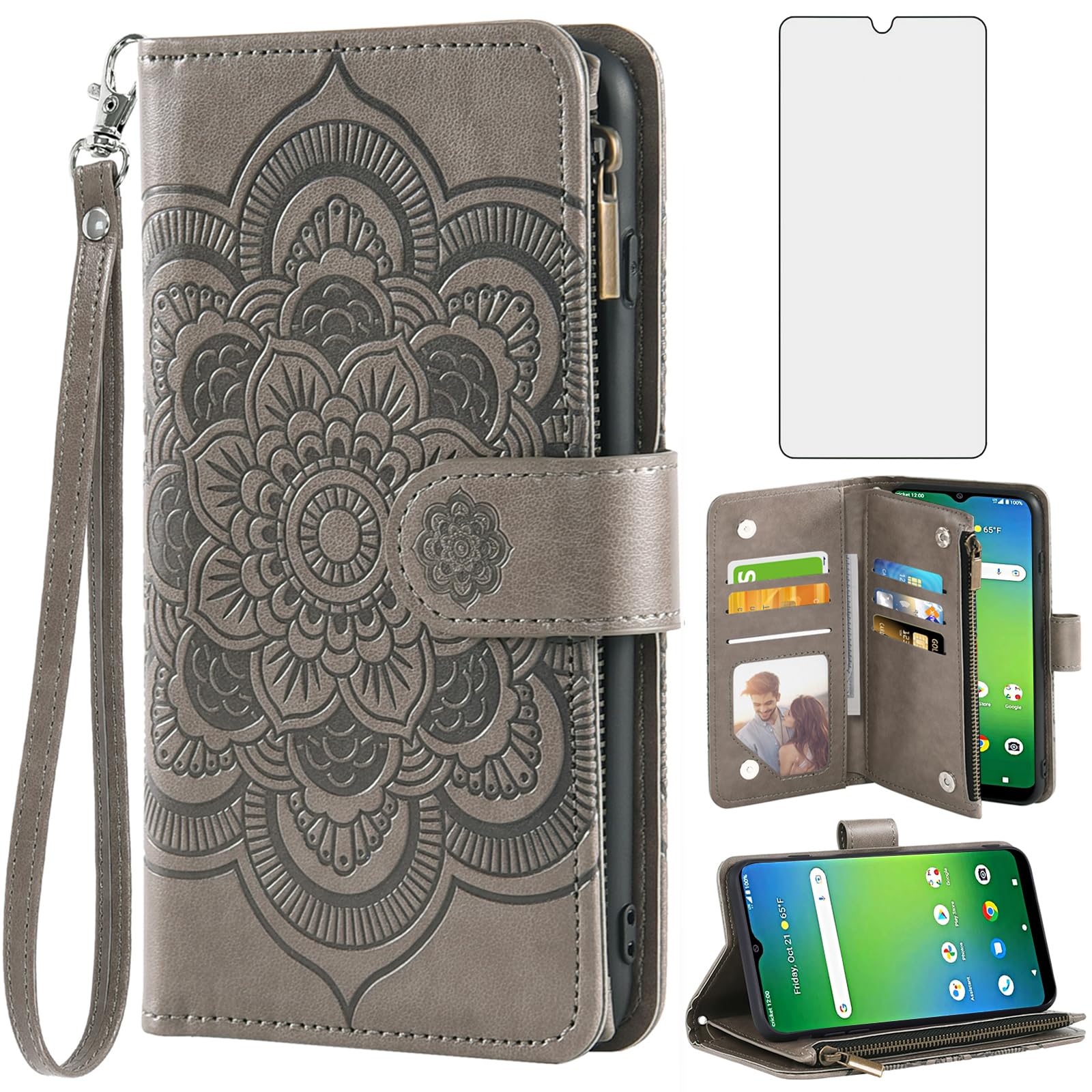 Asuwish Phone Case for Cricket Icon 4 Wallet Cover with Tempered Glass Screen Protector and Flower Leather Flip Credit Card Holder Stand Folio Purse Lanyard TPU Cell Accessories WTCKT01 Women Men Grey