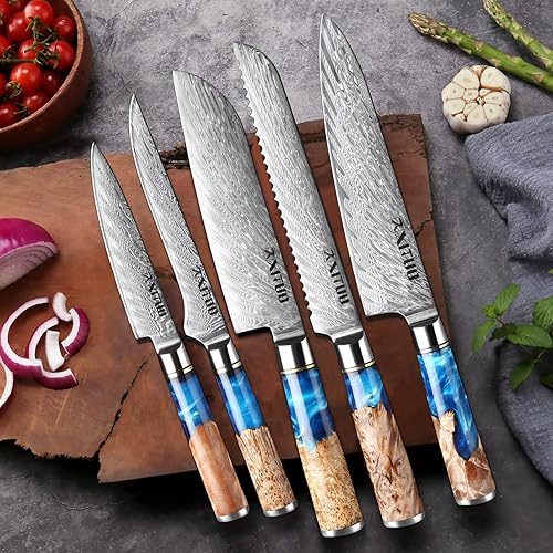 Miniatura 7 de XT XITUO Cuchillo de acero de Damasco, juego de 5 piezas, colección Tsunami, núcleo de acero japonés VG10 de 67 capas, mango único de madera de
