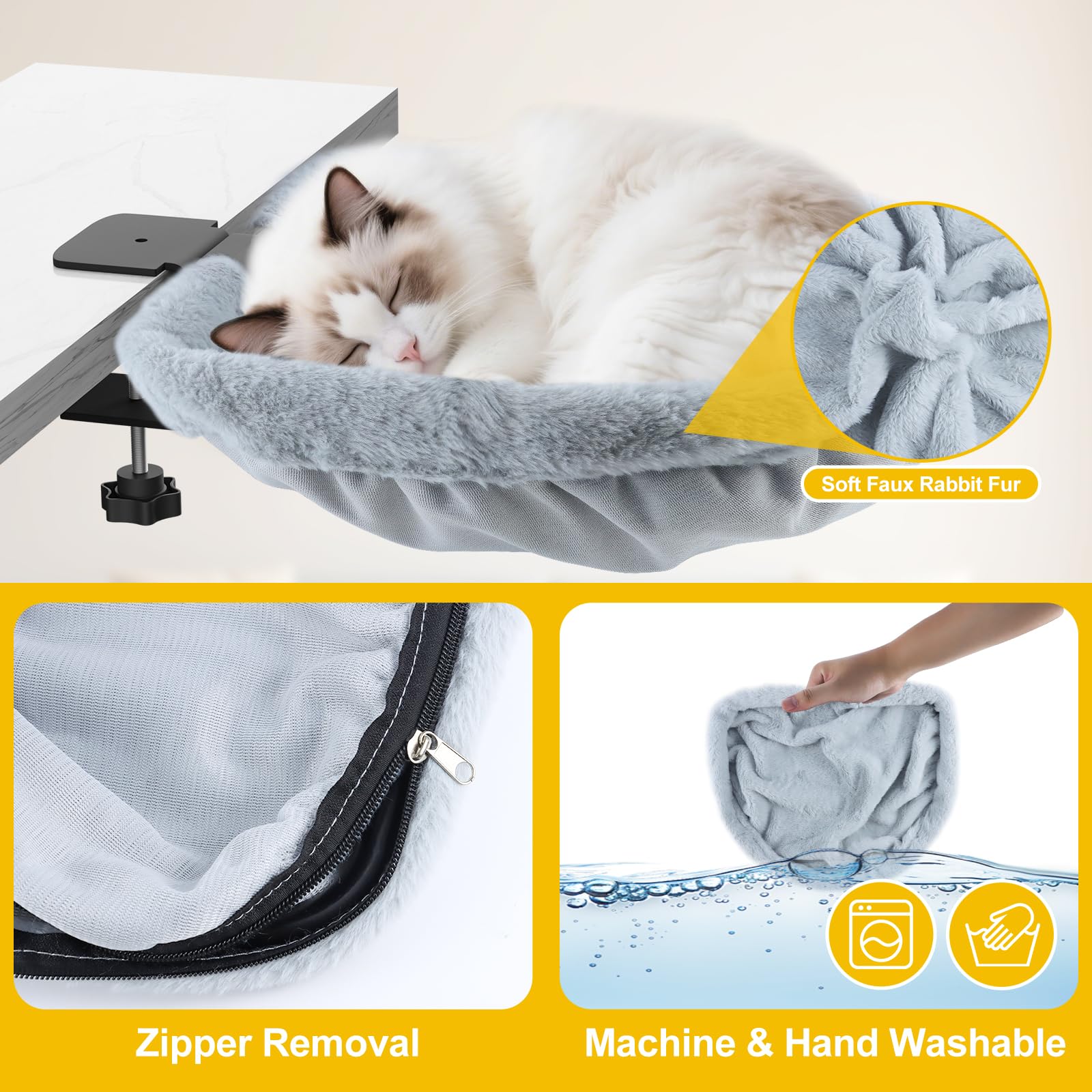Lit de Bureau pour Chat Demi-Circulaire Supporte 15kg Gris Hamac | Fausse Fourrure de Lapin Douce, Pliable & Gain de Place, Amovible Lavable en Machine, Pour Plateaux 2-8cm d’Épaisseur,