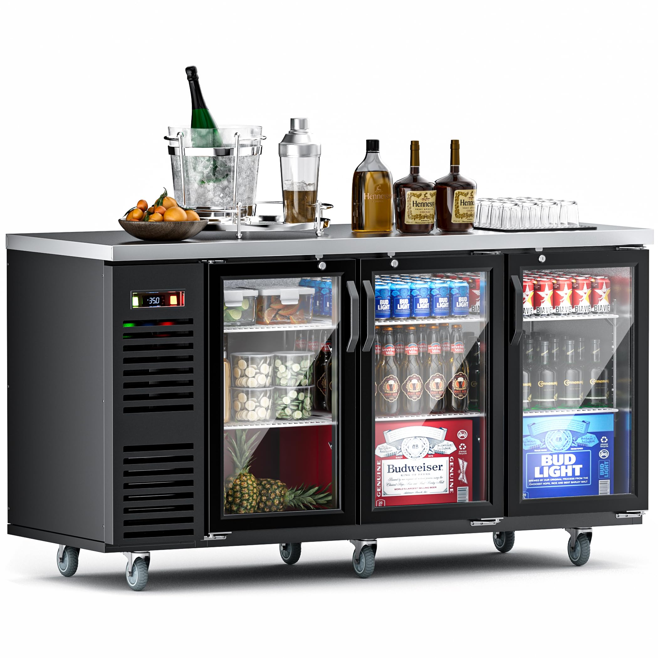 Coolake 21.6 Cu.Ft. 3 Glass Doors Commercial Back Bar Cooler, 33-41℉ Stainless Steel Top Back Beverage Refrigerator, 72” Left Side Compressor Back Bar Refrigerator for Brews Ales Garnishes