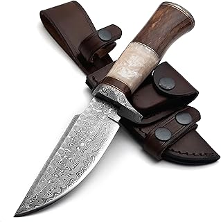 9.5 Inch Damascus Bowie Hunting Knife with Mother of Pearl & Rosewood Handle, Utility, Fishing, Survival Knife Fixed Blade, Sheath Included – Personalized Gifts for Men - SHOKUNIN USA