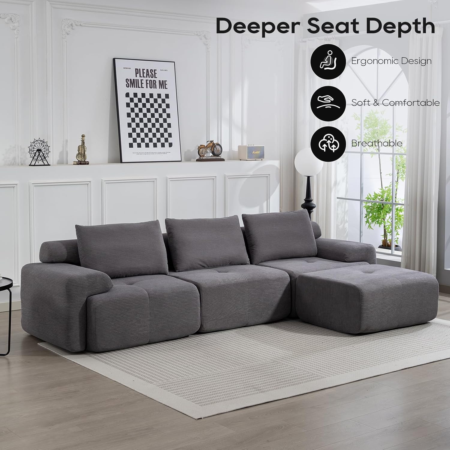 Boneless Cloud Couch, Modular Sectional Sofa with Right Facing Chaise, Oversized Deep Seat Sectional Couches for Living Room - Soft Corduroy Fabric, L-Shaped, with Ottoman