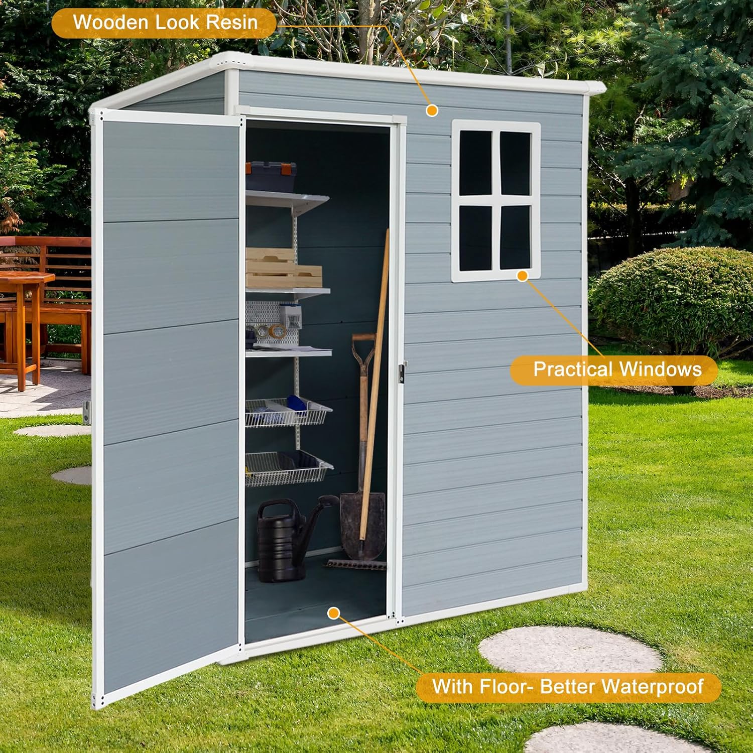 JT 5×3ft Resin Outdoor Storage Shed,Outdoor Storage Shed with Floor & Window to Store Patio Furniture, Garden Tools Bike Accessories, Beach Chairs and Lawn Mower. (Grey, 5ft*3ft)