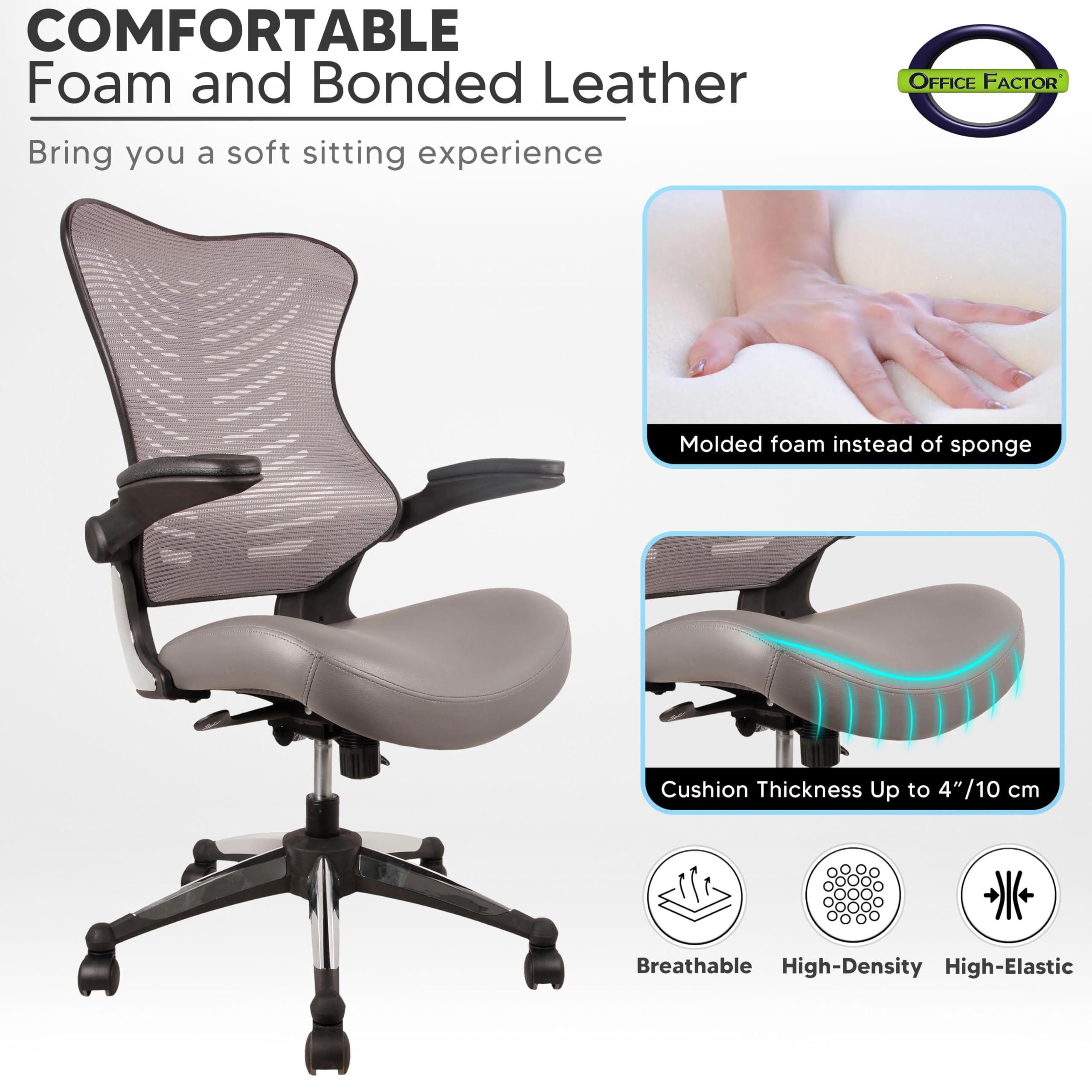 OfficeFactor Executive Ergonomic Computer Office Chair Back Mesh Bonded Leather Seat Flip-up Arms Lumbar Support Molded Foam Seat — view 6