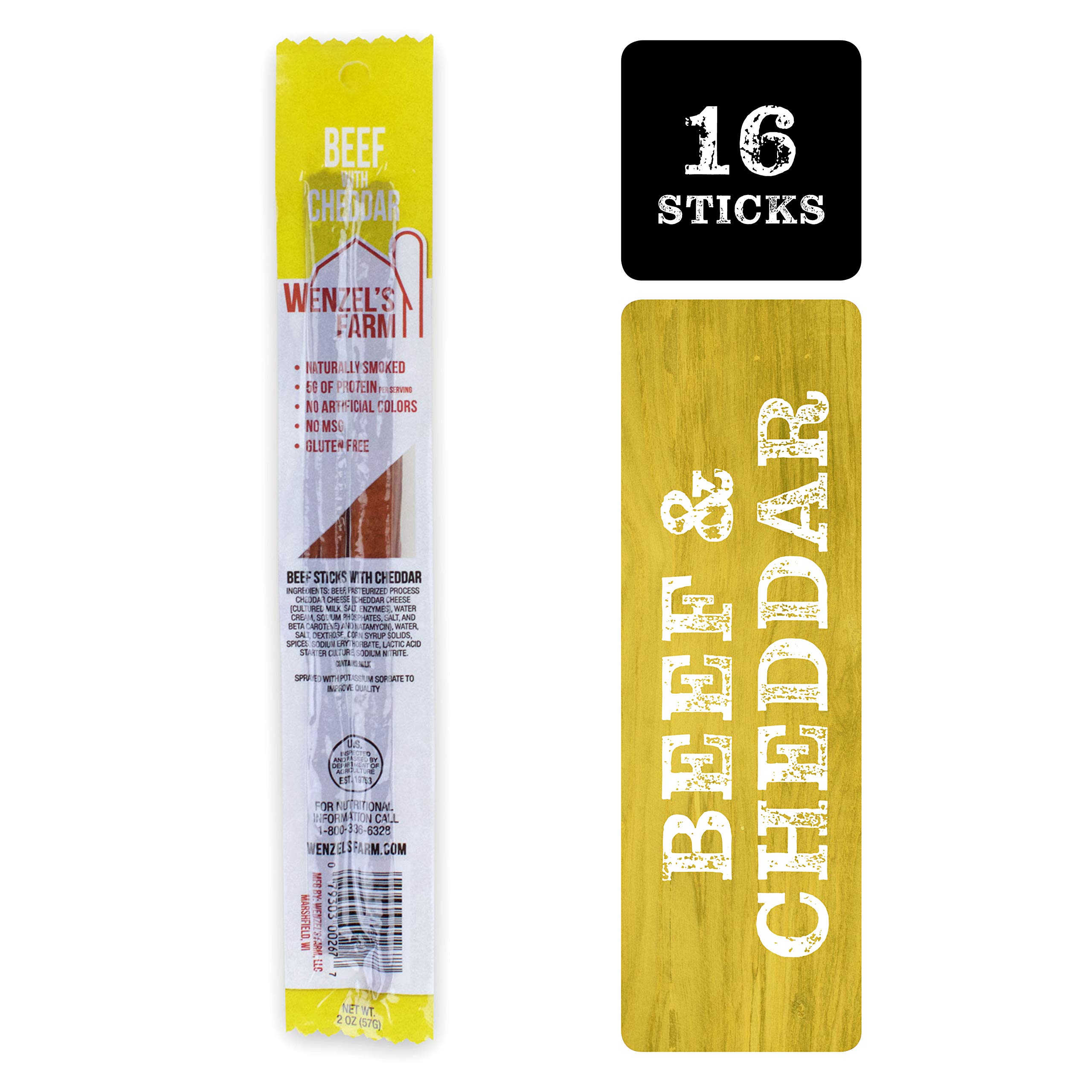 Wenzel’s Farm Beef with Cheddar Sticks │Supports Active Lifestyles │ Flavorful, Natural Smoked │ High Protein, Low Carb │ No MSG, Fillers, Binders, Artificial Colors │ Gluten Free | 16 sticks (8 packs of 2)