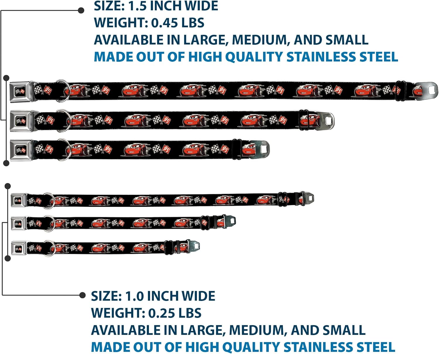 Buckle-Down DC-WDY405-M Seatbelt Dog Collar, Medium, Cars 3 Lightning McQueen Caricature/Race Flags Black/White/Red