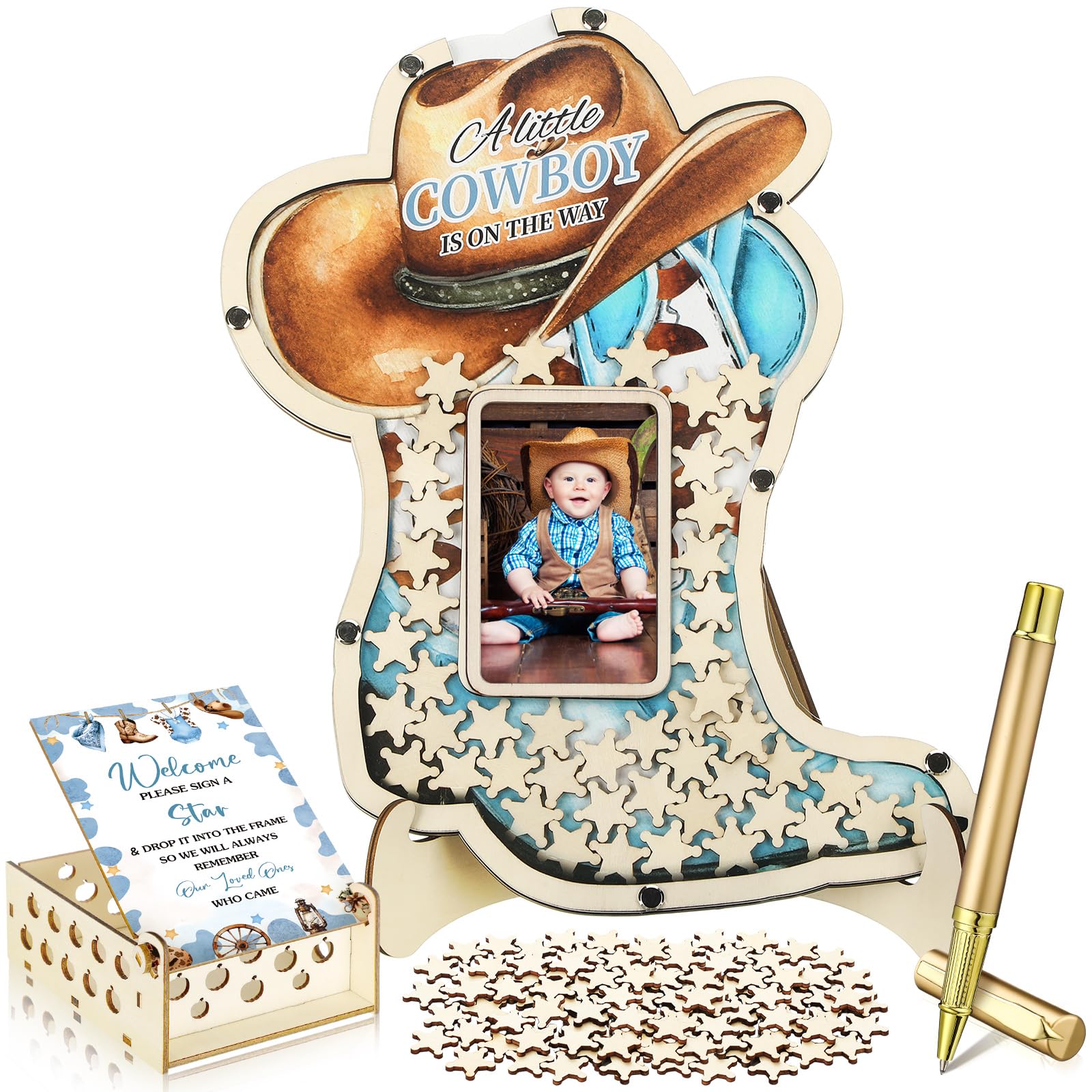 Wenqik 63 Pcs Cowboy Boot Baby Shower Guest Book,Blue