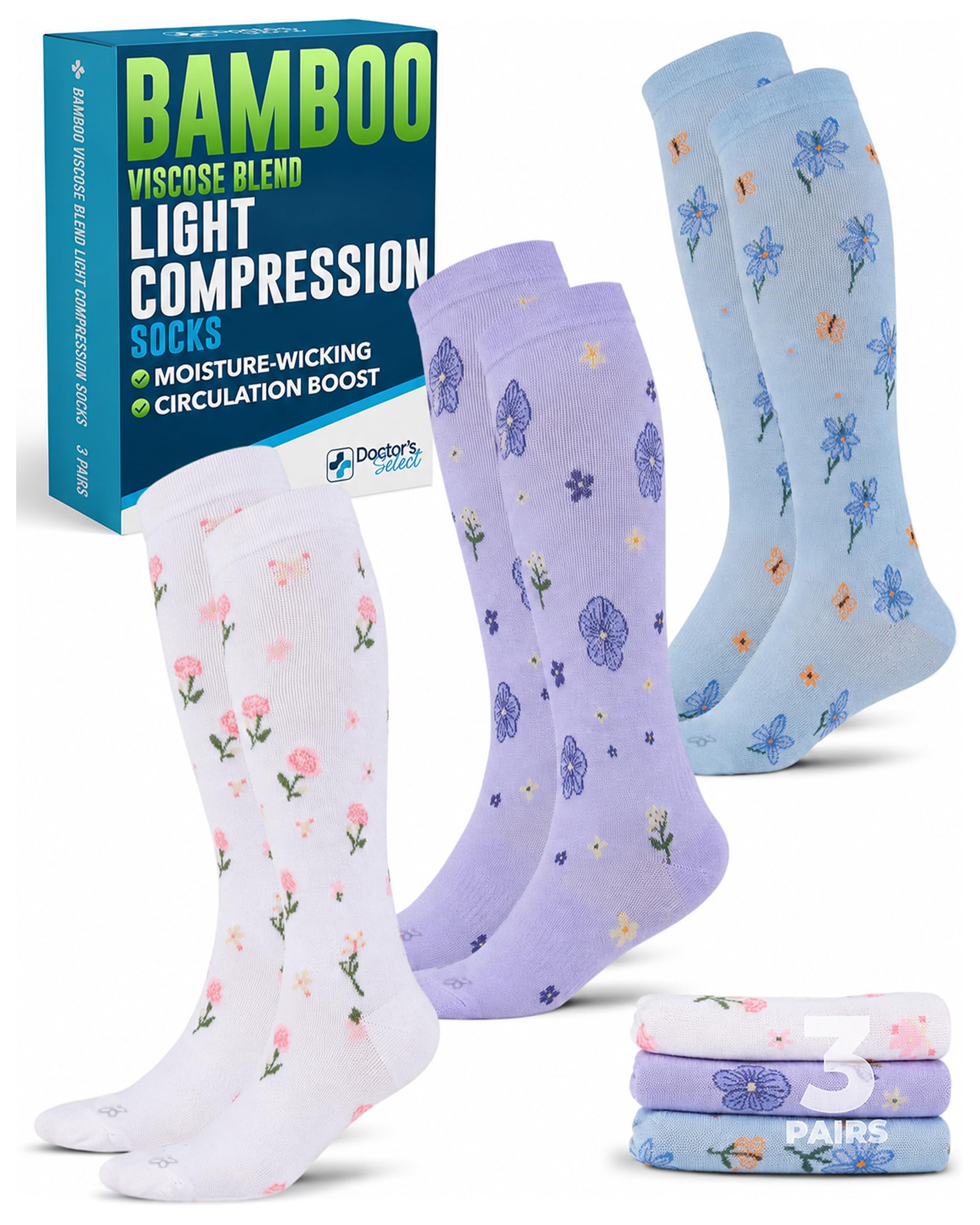 Doctor's Select® Bamboo Viscose Light Compression Socks for Women &amp; Men - 3 Pairs, 8-15 mmHg Compression Socks, Knee High