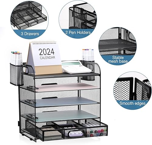 Miniatura 3 de NCXTKJ Organizador de escritorio de 5 niveles con cajón y soporte para bolígrafos, organizador de archivos de malla con asa, suministros de oficina,