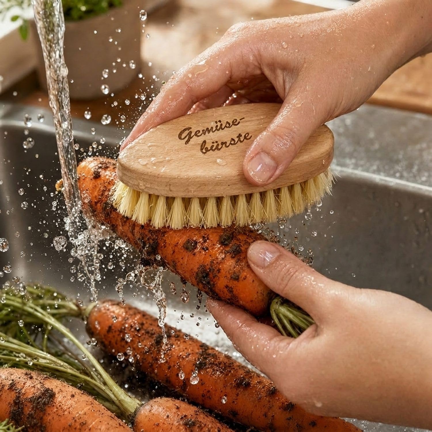 Brosse à légumes en bois de hêtre avec poils naturels durable pour laver légumes et fruits