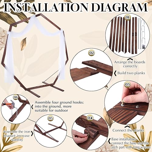 Miniatura 3 de Arco de boda de 7.2 pies con 3 piezas de tela drapeada de 6 yardas, arco de boda de madera heptagonal para ceremonia, árbol de boda de madera para