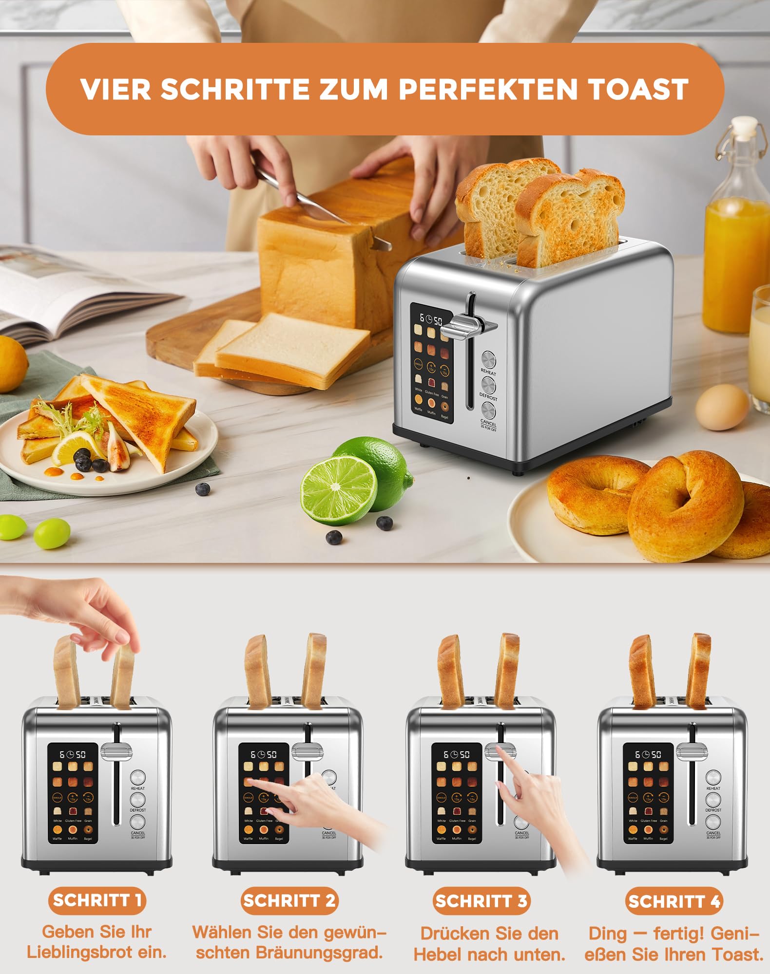 Toaster 2 Scheiben, LED-Touchscreen, Edelstahl Langschlitztoaster, 6 Bräunungsstufen, 6 Brotprogramme, Auftau-, Aufwärm- & Stoppfunktion, 880W (2 Scheiben)
