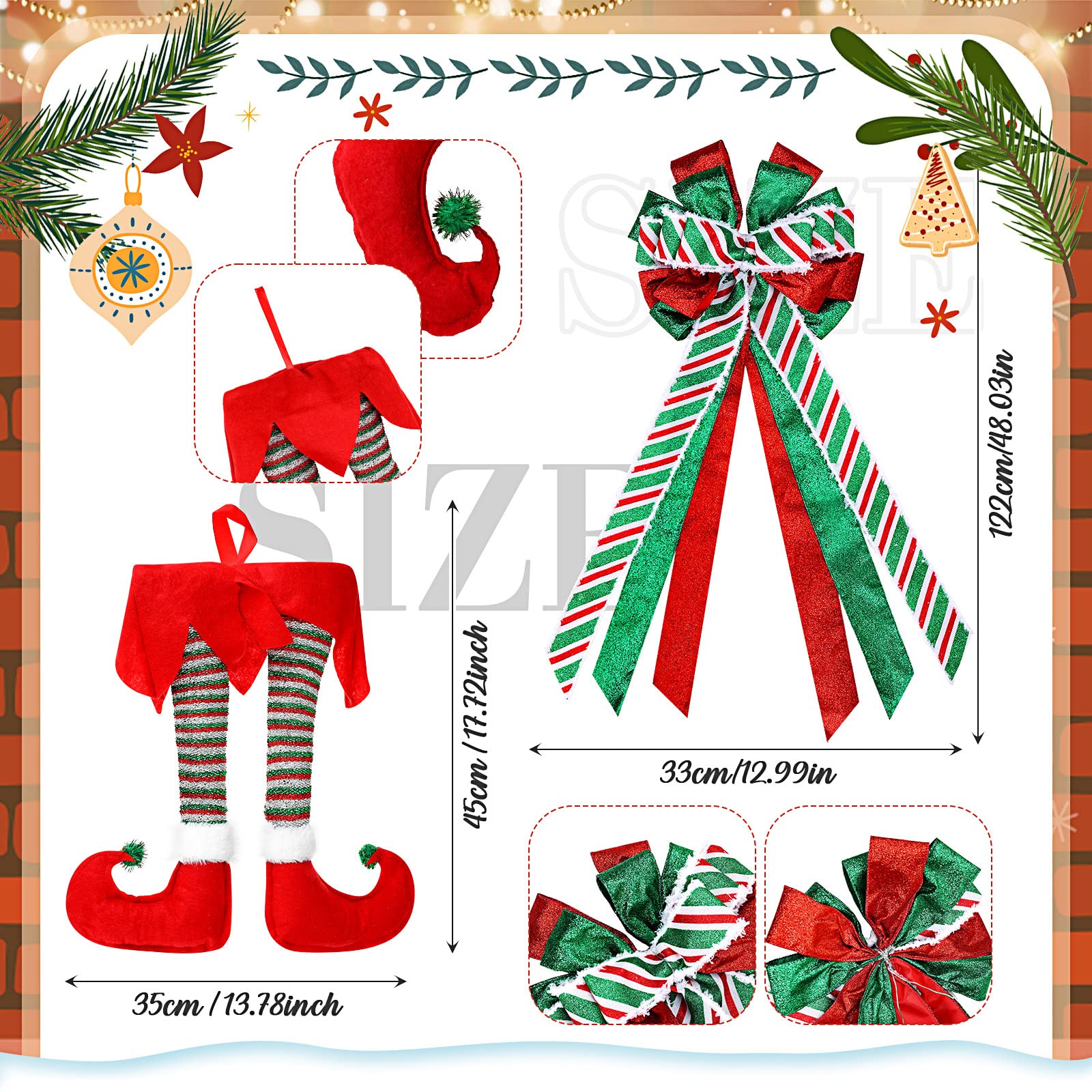 2 Pcs Christmas Tree Topper Christmas Elf Stuffed Legs Large Decorative Bow with Streamer Christmas Tree Legs Stuck Tree Topper Decorations Christmas Toppers Bow for Christmas Tree Decoration (Red)