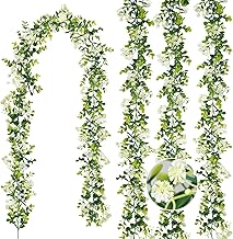 N&T NIETING 4Pcs Artificial Eucalyptus Garland, 6FT Hanging Vine with White Flowers, Greenery Decoration for Wedding Arch Wall Table Party Indoor Outdoor Decor