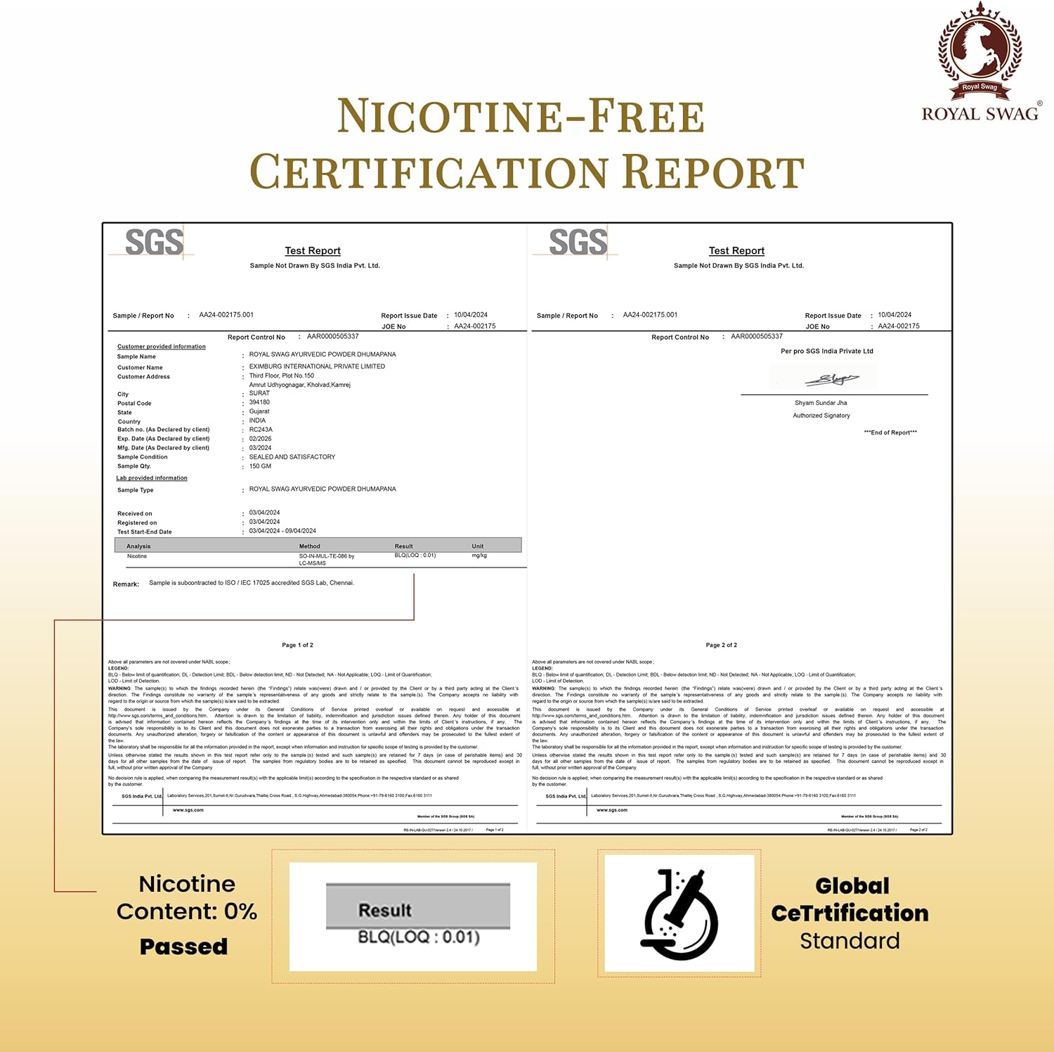 ROYAL SWAG Ayurvedic & Herbal Cigarette, Clove Smoke Nicotine Free & Tobacco Free Cigarettes with Shot - (30 Sticks, Shot -1)