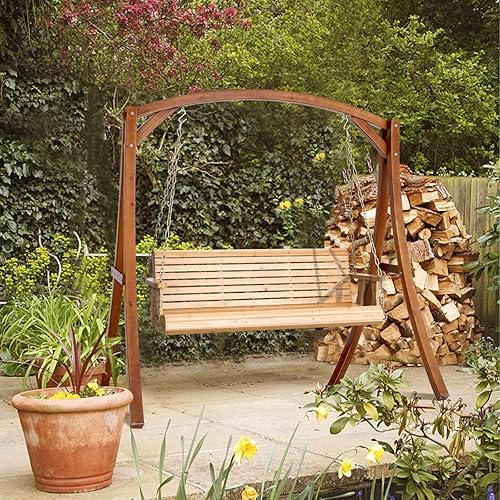 Miniatura 7 de VINGLI - Columpio de madera para patio y porche de alta resistencia de 880 libras, silla columpio de exterior mejorada con cadenas, banco colgante