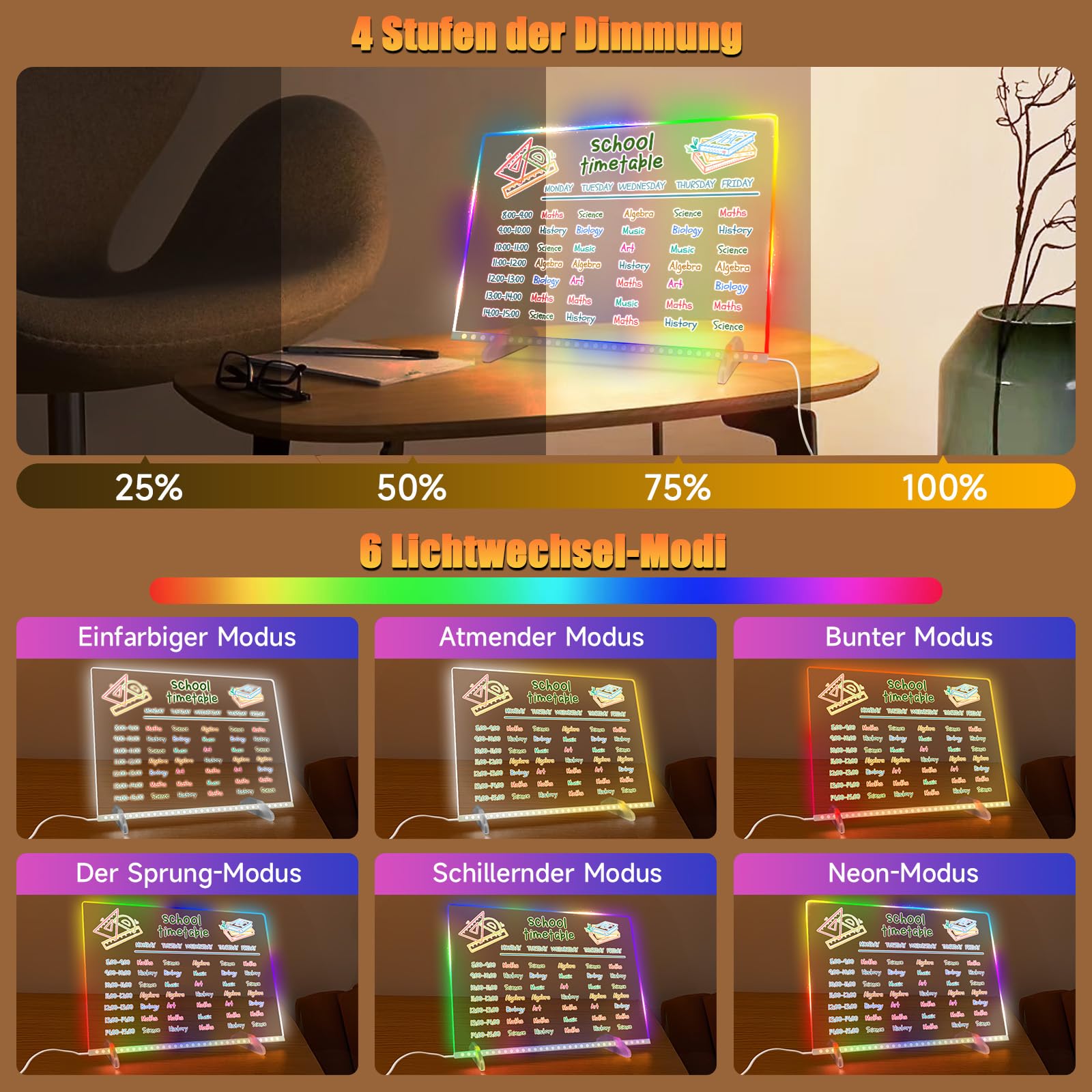 LED Schreibtafel mit 8 Farben & 6 Modi, 35X25cm Zaubertafel mit 7 Markern zum Erstellen Ihrer Eigenen Memoboard, Acrylic Notiztafel für Schreibtisch, Büro, Café, Schule, Zuhause